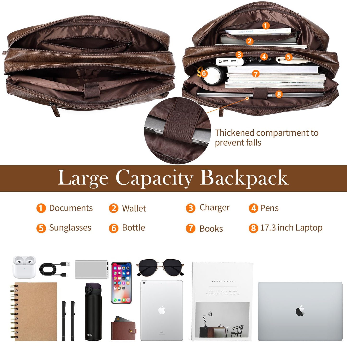 Faux Leather Messenger Bag for Men 17-17.3 Inch: Convertible 3 in 1 Backpack Laptop Bag Briefcase Computer Handbags Shoulder Crossbody Bag with Padded Laptop Sleeve for Work College Travel, PU Coffee