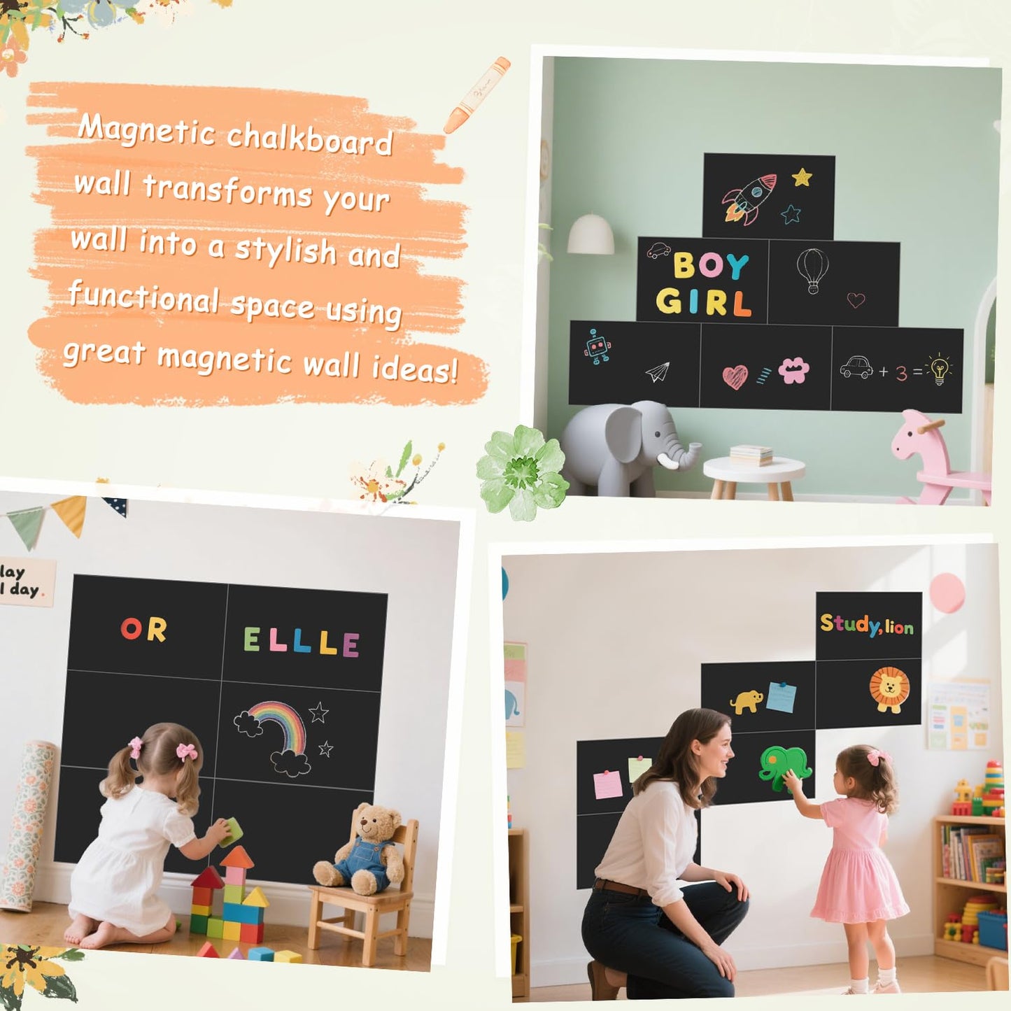 OMKSIH Magnetic Chalkboard Wall Decal Black Set of 6 Peel and Stick Magnet Sheets with Tangram Puzzle and Multiple Accessories Magnetic Chalkboard for Home Playroom and Classroom