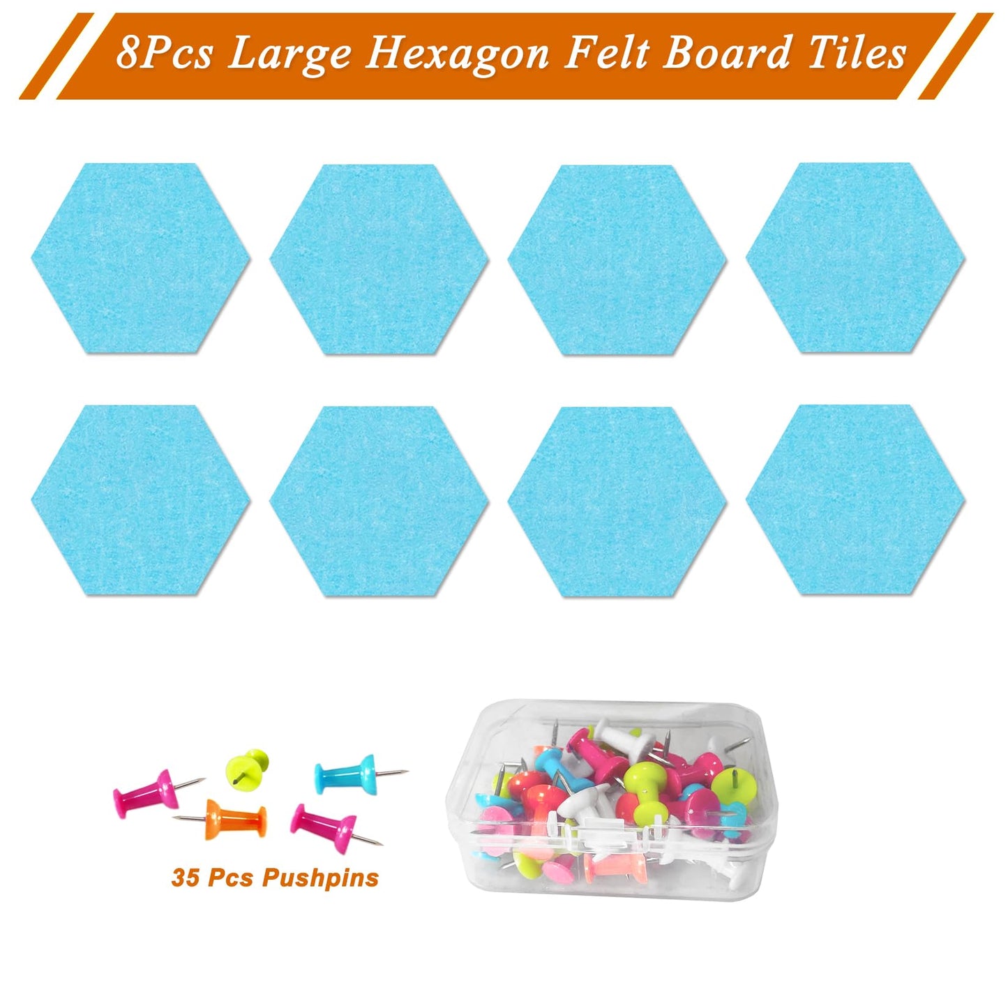 HULAVO Large Hexagon Felt Cork Board Tiles, Self Adhesive DIY Felt Bulletin Board Pin Board with 35 Pushpins for Office School Home Wall Decor Stickers Memos Photos Display(Sky Blue)
