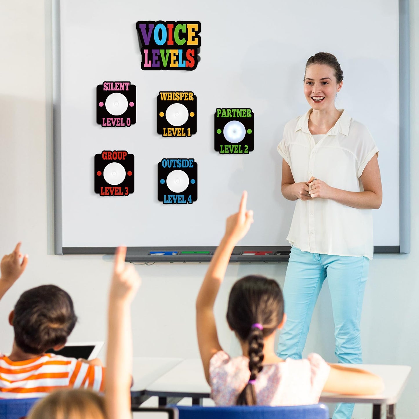 Honoson Voice Level Chart for Classroom with 5 Pack Magnetic Puck Lights Noise Level Chart Teacher Educational Management Supplies for Elementary School Preschool Music Class(Bright,Active)