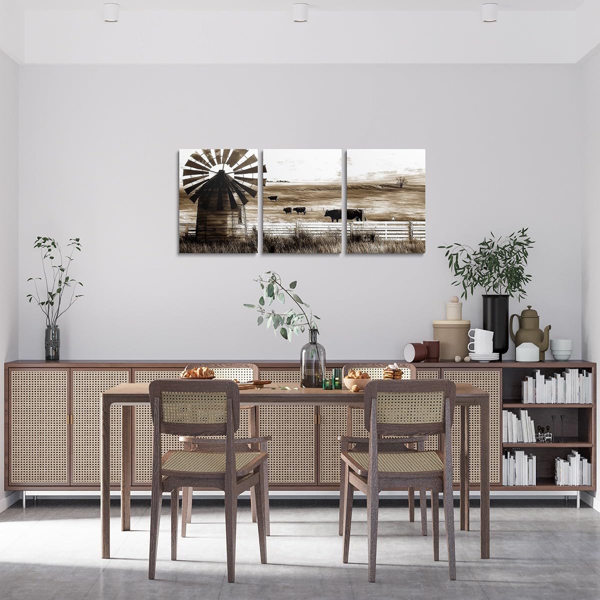 jejeloiu Rustic Windmill Canvas Wall Art for Living Room Bedroom 12"x16"x3pcs Western Cow Grass Picture Wall Decor for Bathroom Retro Farmhouse Office Decorations Artwork Posters Farm Nursery Painting