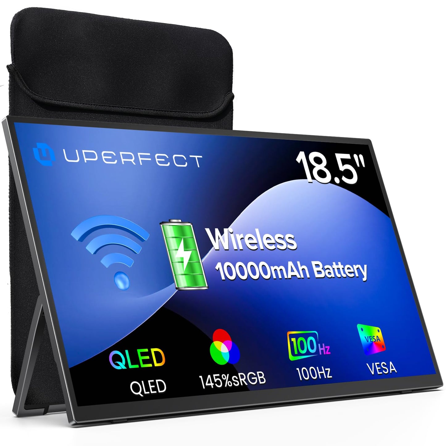 UPERFECT Wireless Portable Monitor with Battery 10000mAh, 18.5" 1080P FHD 100Hz 145% sRGB QLED Gaming Monitor with Stand, Bag & VESA, Large Second Screen for Laptop, Computer, Phone, Game Consoles