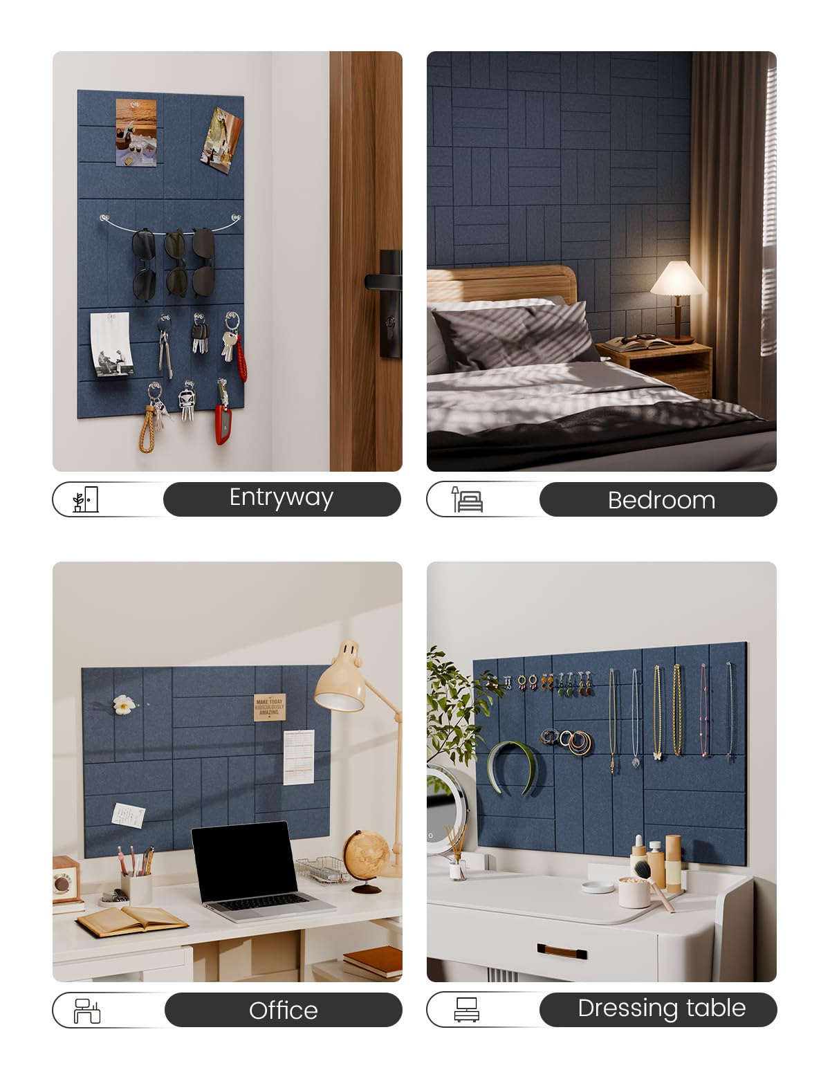 Felt Bulletin Board Tiles -28"x18" with 40 Adhesive Tabs, Cork Board Alternative for Office Decor, Push Pin Board Wall Organizer 6-Pack(Navy Blue)