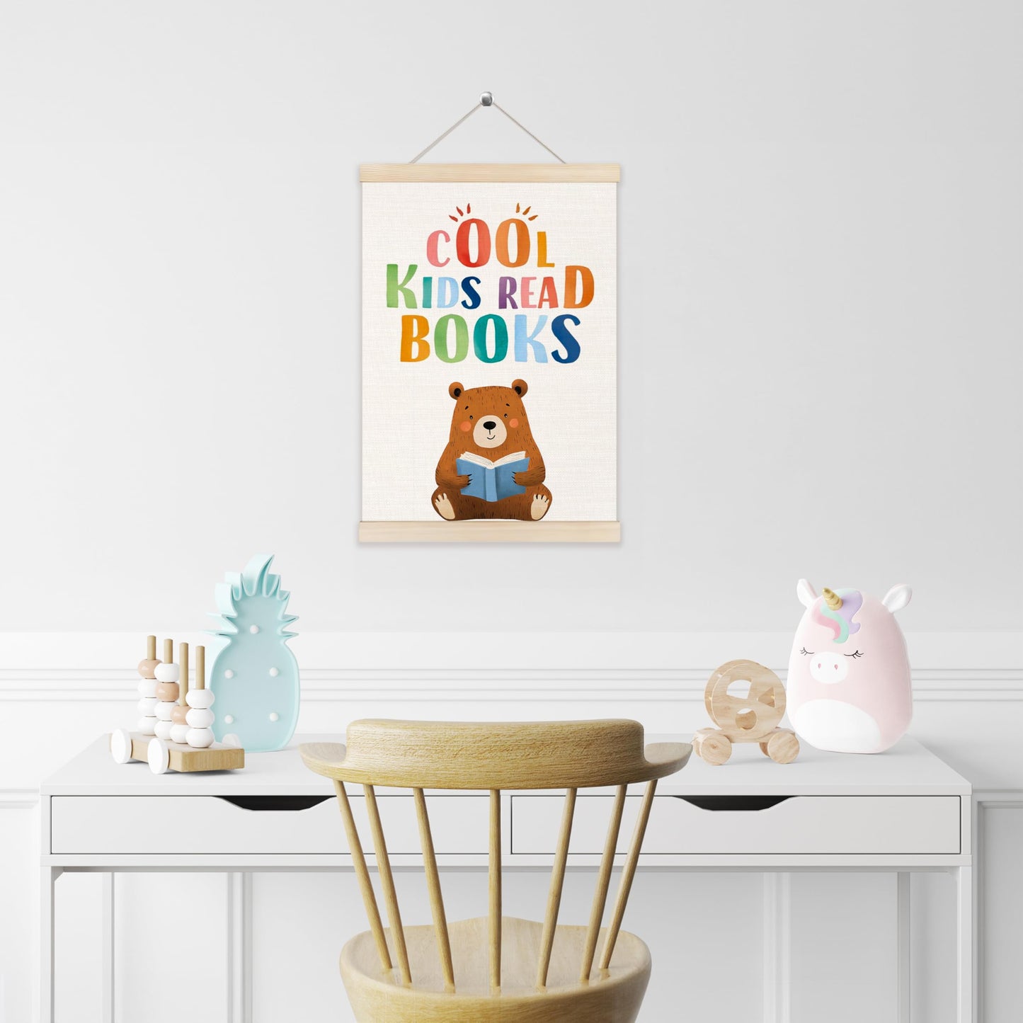 Koesus Cool Kids Read Books Wall Art Poster Hanger Frame 12x16 Inch, Reading Corner Decor for Classroom, Cute Bear Book Canvas Pictures Prints Framed Wall Decor for Kids Room Nursery Playroom