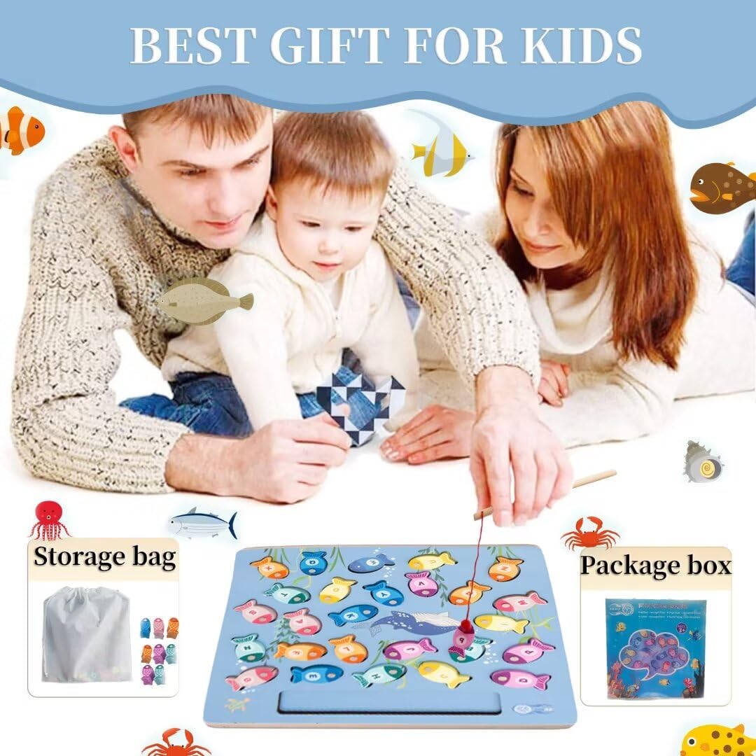 Magnetic Fishing Game for Toddlers, Wooden Alphabet Puzzle Maze Board, Preschool ABC Uppercase Lowercase Letter Matching Game, Montessori Educational Fine Motor Skill Toy for Boy Girl Kids
