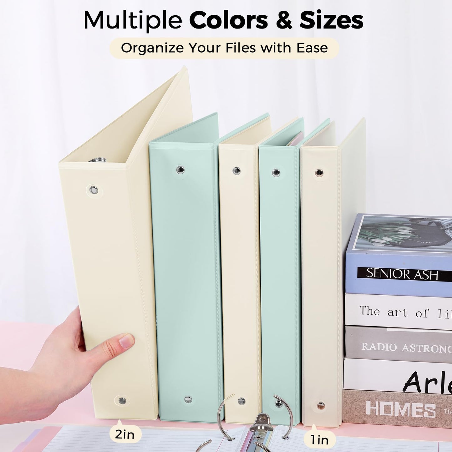 SKYDUE 1 Inch 3 Ring Binder with 8 Tab Dividers & 24 Labels, Pastel Binder Organizer for Letter Size Paper, Aesthetic School Binder for Notes, Documents, Office & Home Organization, Pearl White