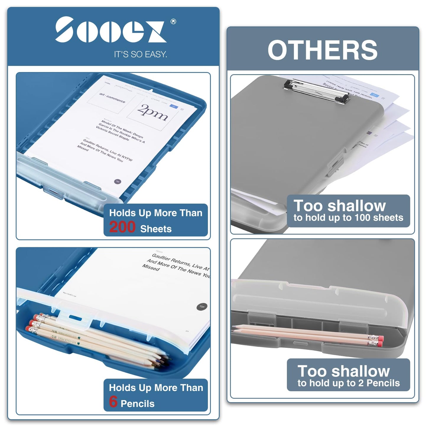 Sooez Clipboards with Storage, High Capacity Clip Boards 8.5x11 with Pen Holder, Heavy Duty Plastic Paper Organization Folder Cases, Letter / A4 Size for Nurse Teachers, School & Office Supplies