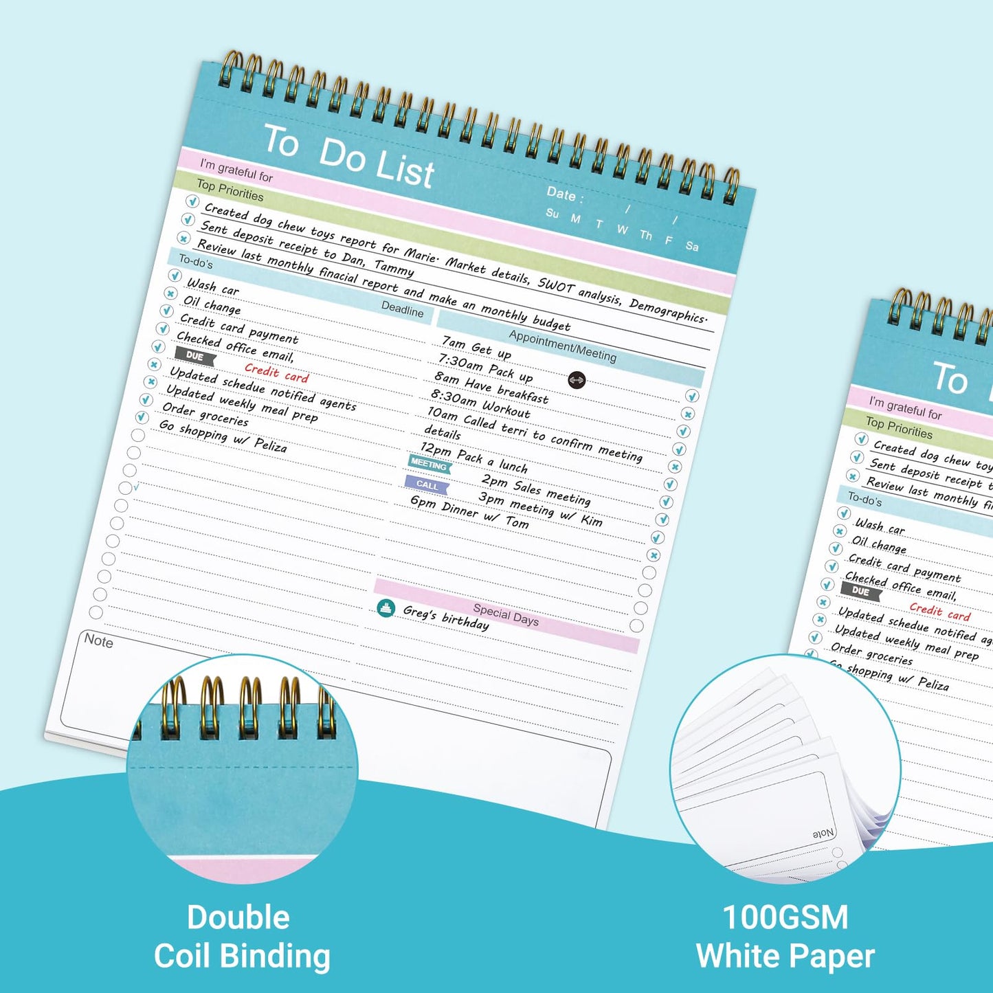 To Do List Notepad, Spiral Bound Undated Daily Planner, 52 Sheets 8.5" X 10.5" Tear Off Task Planning Pad with Checklist, For Work Office Home (Pack of 2)