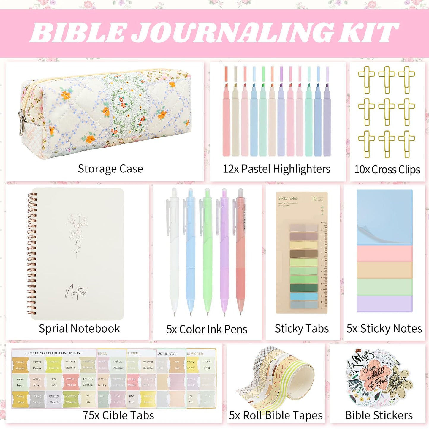 DRANSMIC Bible Study Supplies Journaling Kit with Pen Cas, Tabs, Notebook and No Bleed Highlighter, Aesthetic Book Annotation Kit, Christian Gifts for Women Grils Friends(Spliced Flower)