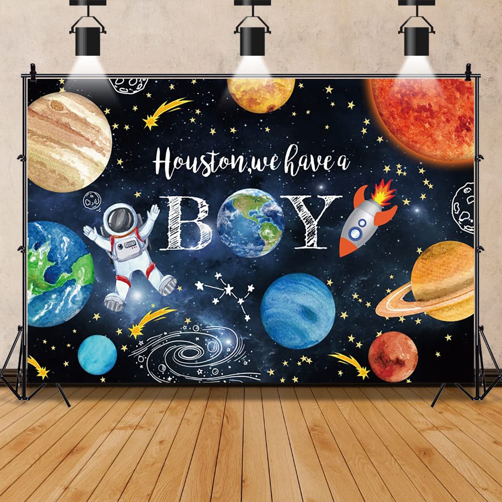 ZJRBJB 10x8ft Houston We Have a Boy Decorations Backdrop Baby Shower Party Outer Space Rocket Astronaut Planets Star Solar System Background Birthday Party Banner Polyester Fabric