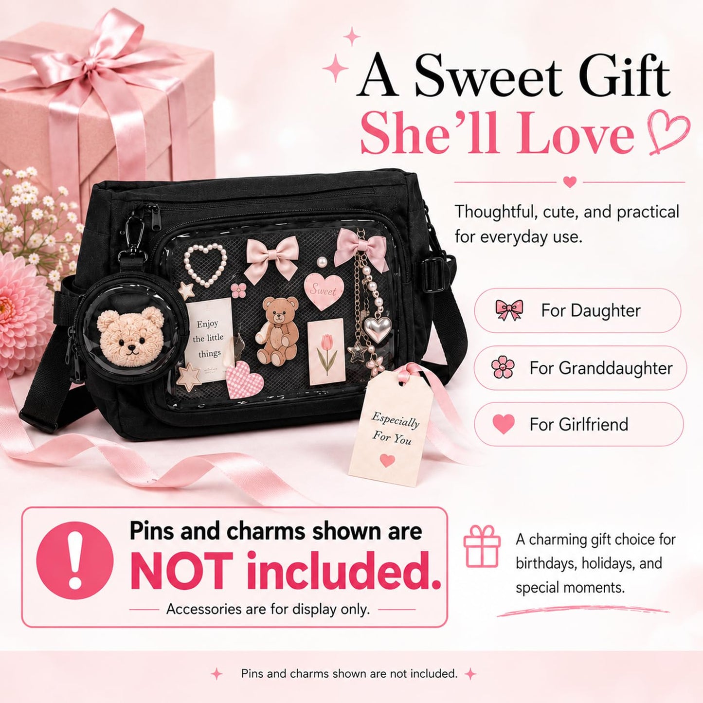Inshere Ita Crossbody Bag, Nylon Messenger Bag with Clear Display Window and Detachable Pin Display Bag, Kawaii Shoulder Purse with Multiple Pockets, Black