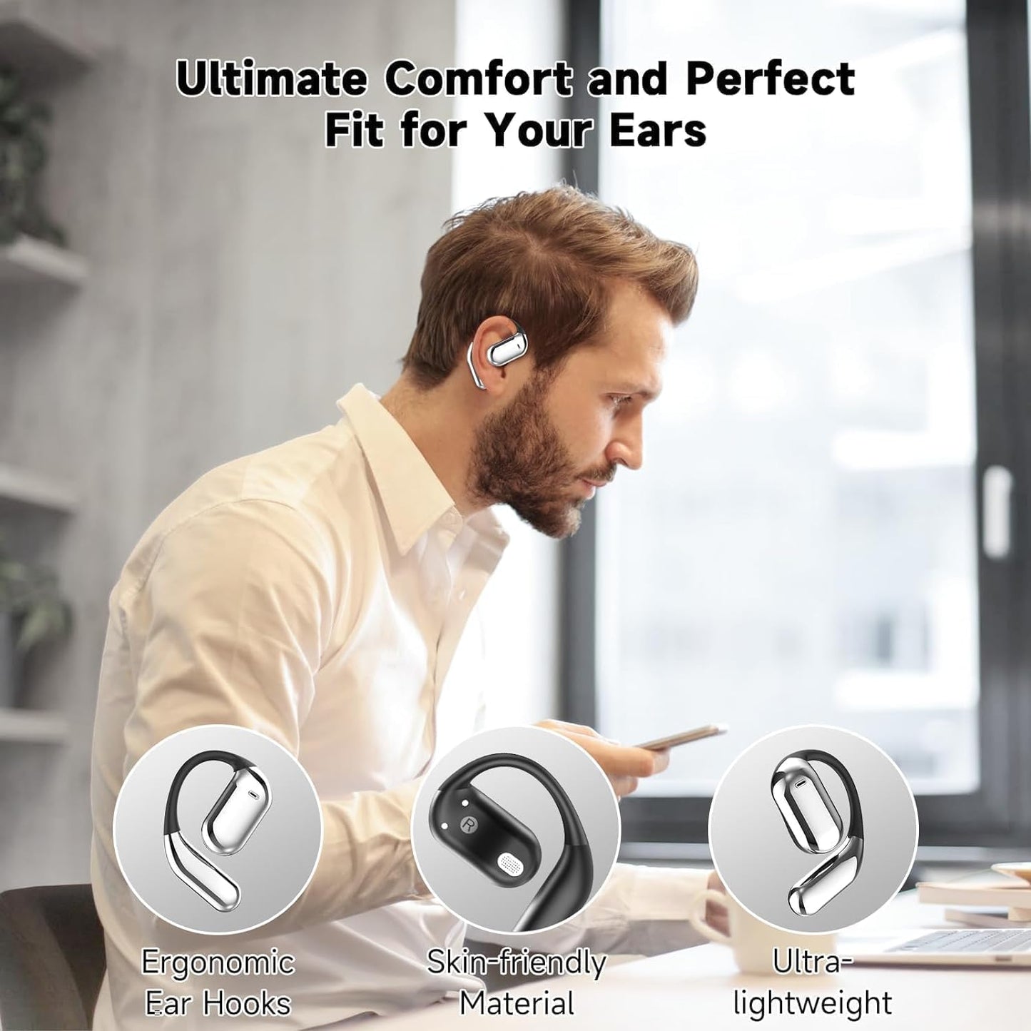 Open Ear Clip Wireless Earbuds Bone Conduction Headphones, Bluetooth 5.4，Built-in Mic, IPX7 Waterproof, LED Display Charging Case,Ear Hooks Ear Buds, Design for Running/Fitness/Office/Sport