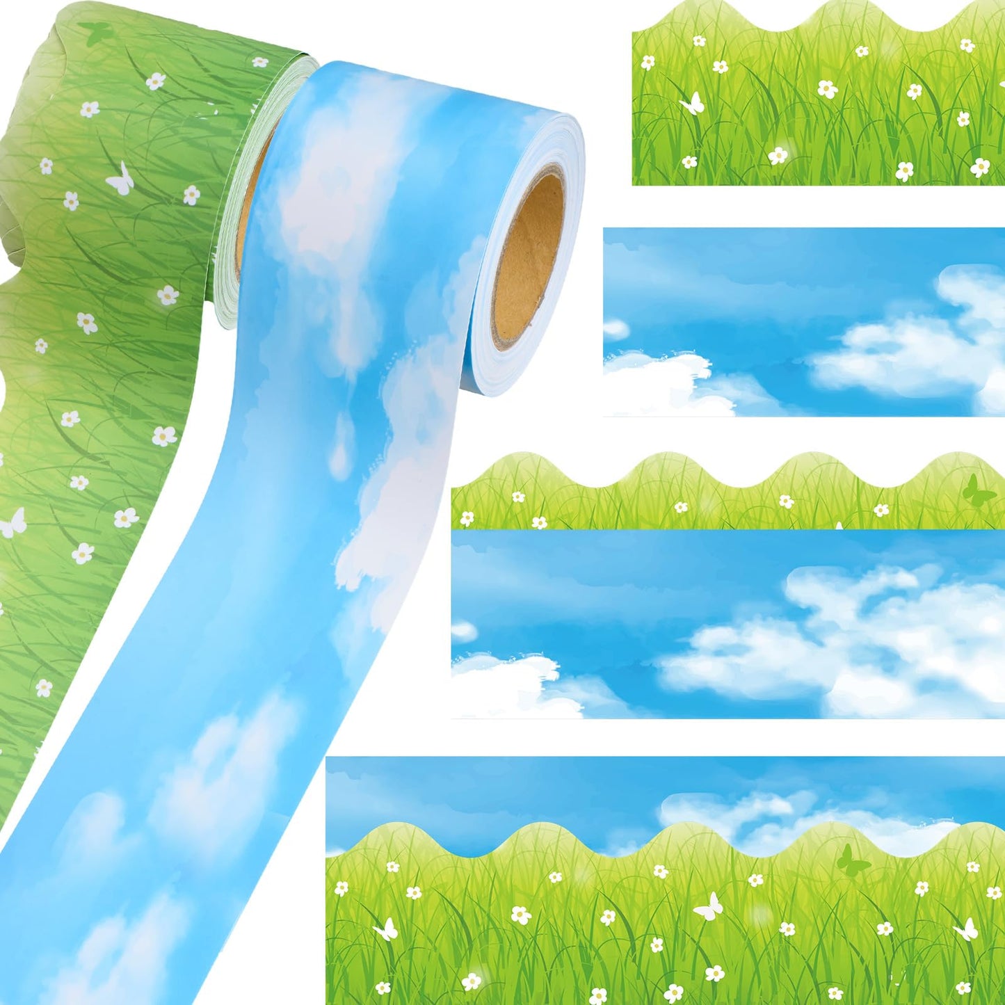 Trandraft 2 Rolls 65.6ft Blue Sky White Clouds Grass Bulletin Board Decorations Back to School Nature Bulletin Board Borders Strips Outdoor Classroom Decor Landscape Trim Borders for Home Office