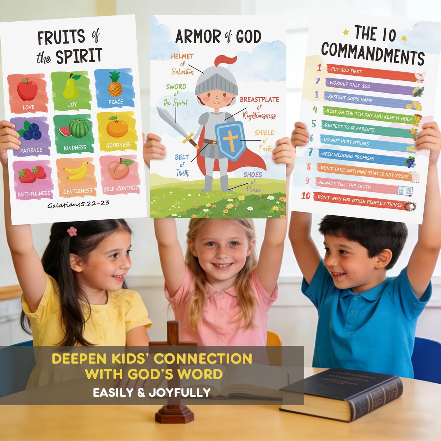 SEOIFUNG 12 PCS Kids Bible Education Posters Set (11x17") - Biblical Learning Charts for Sunday School Classroom Christian Religious Home Wall Decor, Books of the Bible, 10 Commandments & More