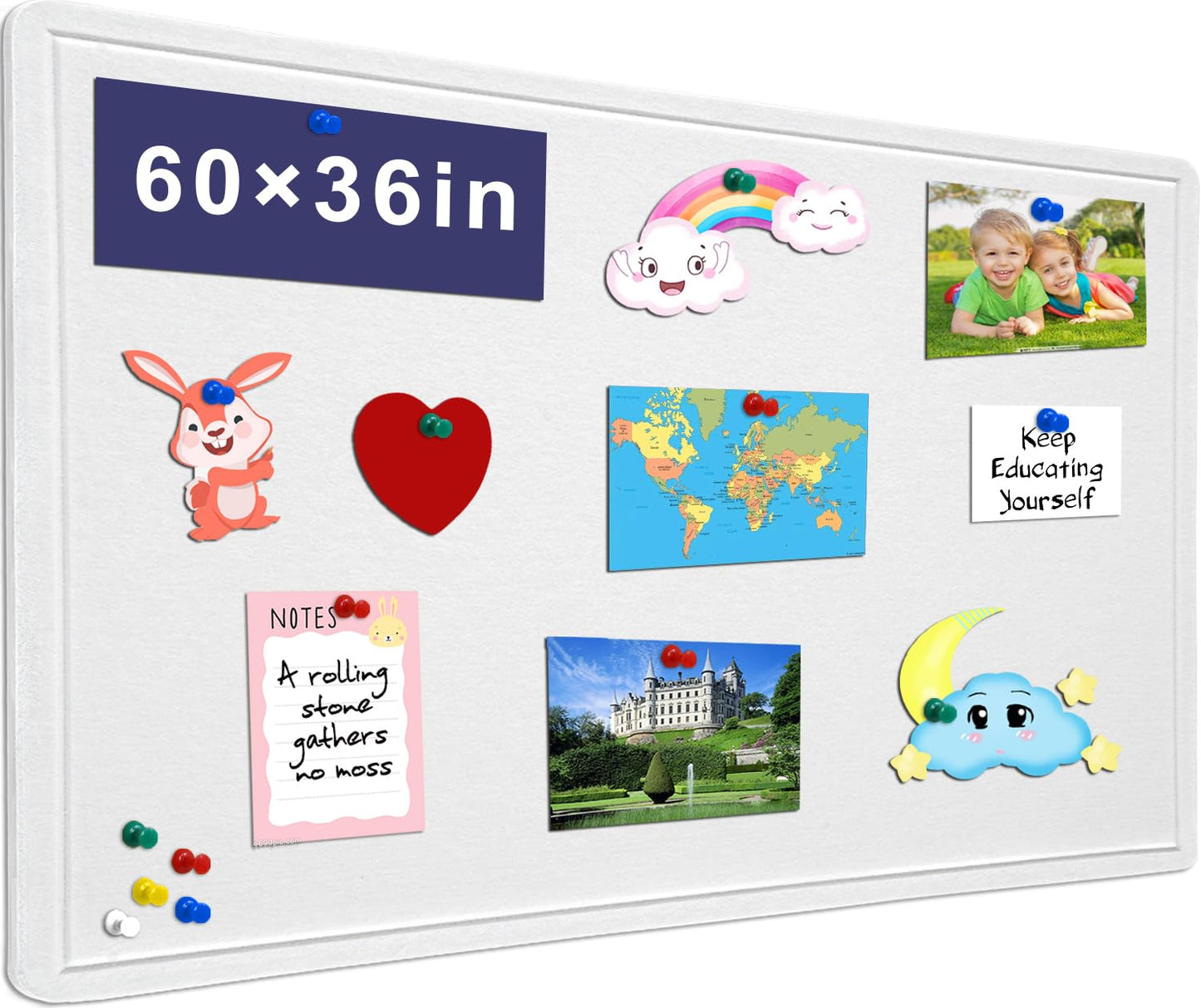Large Bulletin Board - 60 X 36 inches Decorative Felt Pin Board - 5' x 3' Cork Board Alternative for Wall - Foldable Photo Board Self-Adhesive Vision Board Prayer Board with 30 Pushpins - Warm White