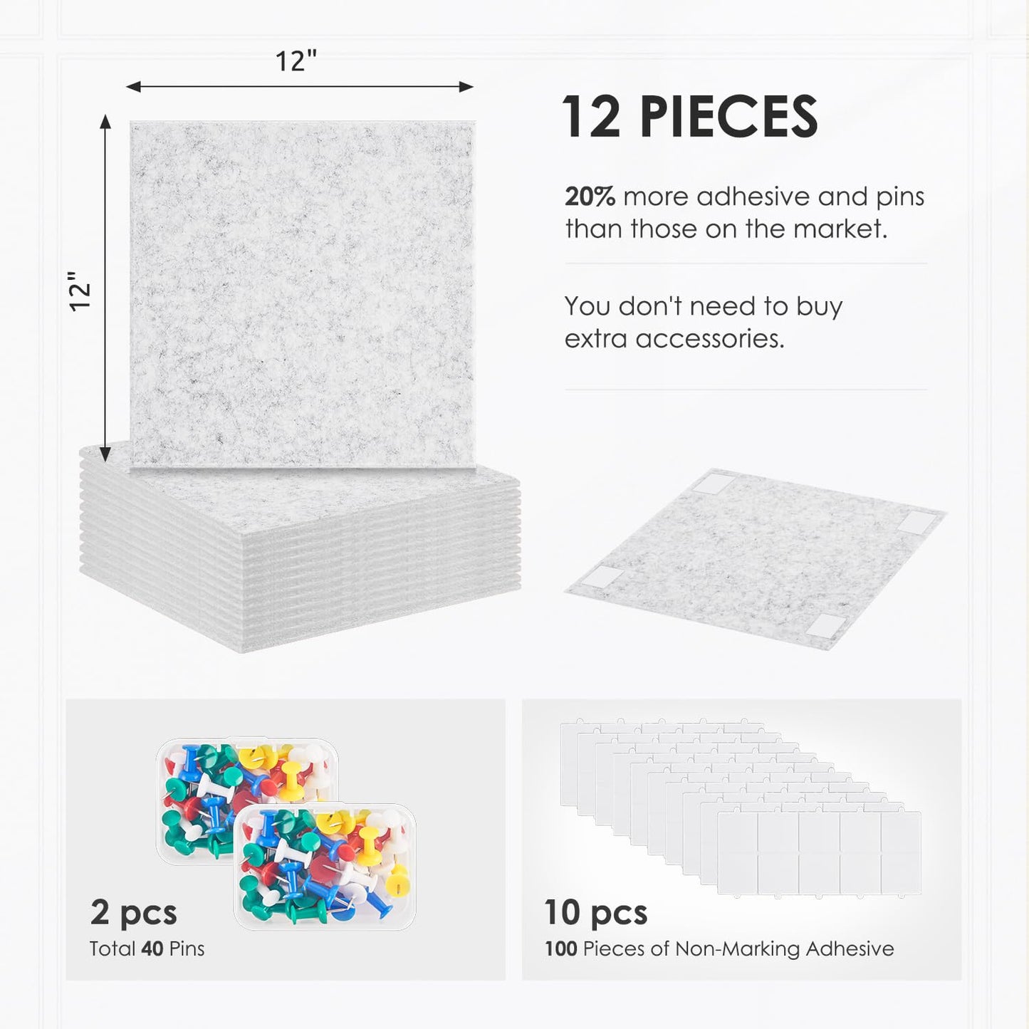 Large Cork Board for Walls 48"x36" |Cork Board Alternative| 12 Pack Felt Wall Tiles| Light Gray Bulletin Board with Removable Adhesive | Cork Boards Pinboard for Office Home Classroom，Light Gray