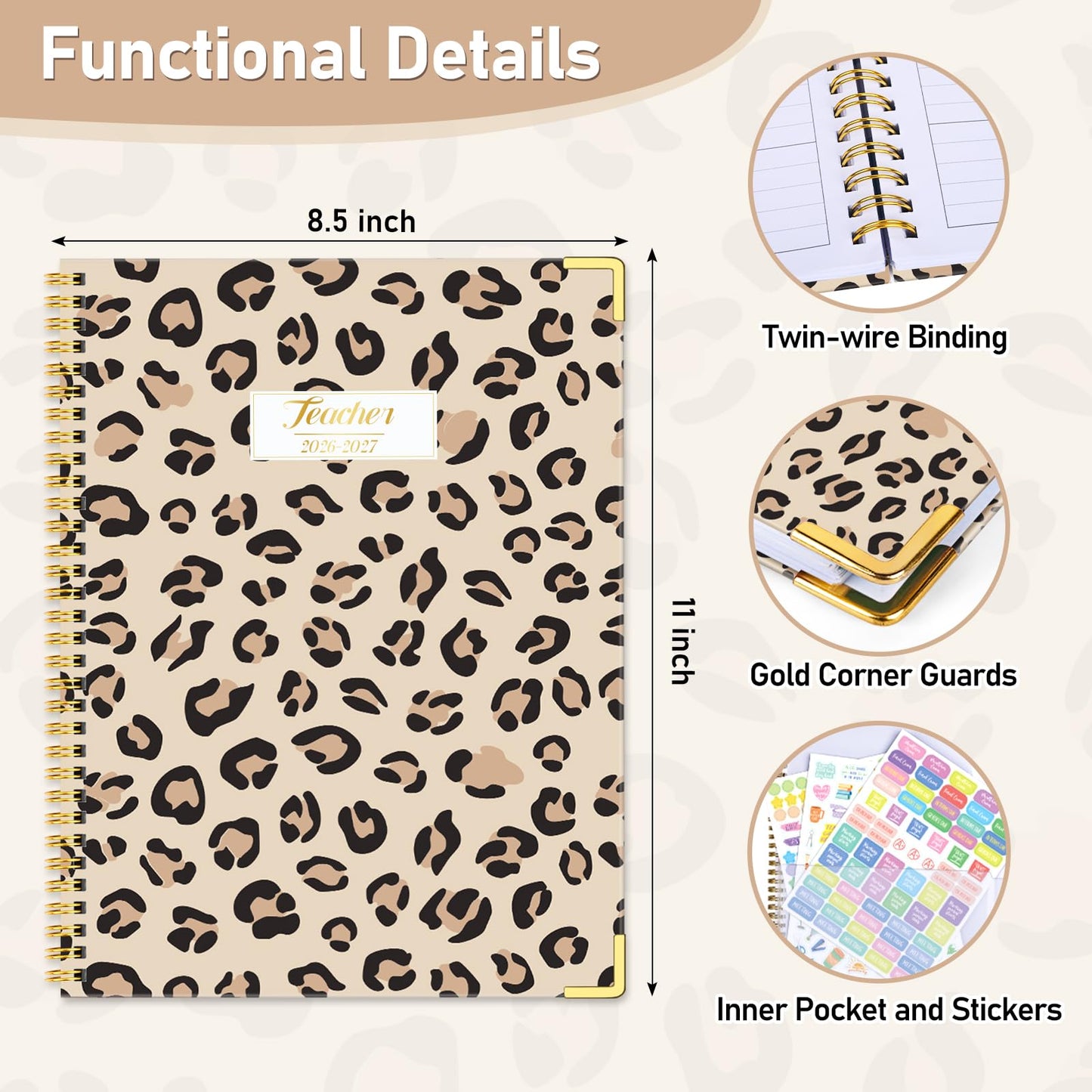 Teacher Planner 2026-2027, Jul 2026-Jun 2027 Academic Year, 8.5" x 11" Lesson Planner Book for Teacher Calendar, Spiral Bound Planners, Colorful Monthly Tabs, Planning Stickers, Leopard