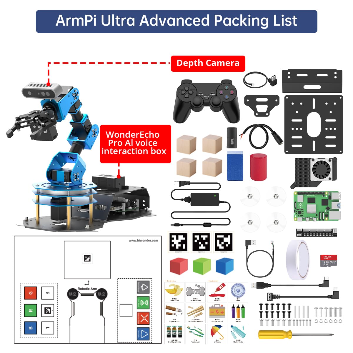 ArmPi Ultra Robotic Arm with ROS2 ChatGPT Large AI Models Embodied Intelligence, Hiwonder 6DOF Programming Robot Arm ROS Education AI Vision Voice Scene Understanding, Advanced Kit & RaspberryPi5 8GB