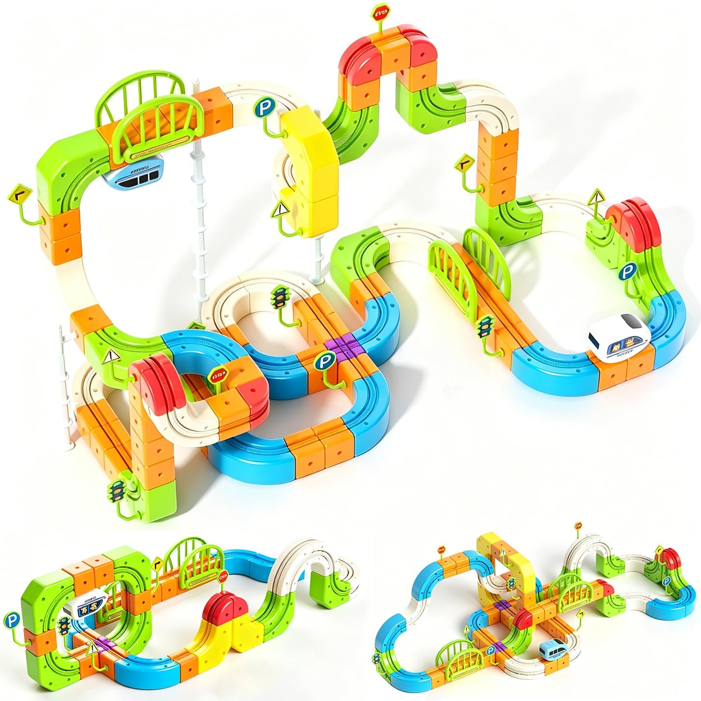 LWuuywa Electric Train Set for Kids, 242Pcs DIY Cube Track Block Toy with Traffic Signs, Gravity-Defying Motorized Trains Tracks Toys for Boys Girls Ages 3+, STEM Learning Fun Gift