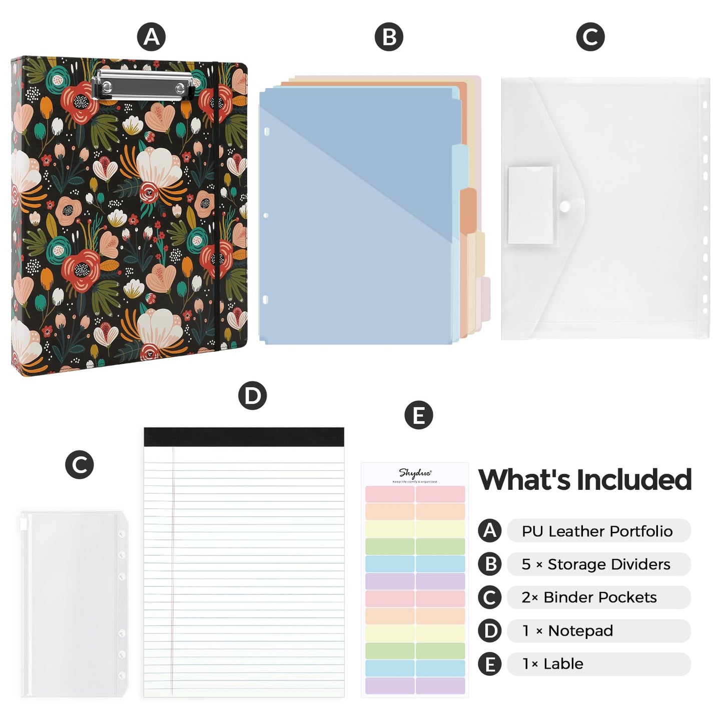 SKYDUE 1 Inch 3-Ring Binder with Clipboard, PU Binder with 5 Dividers, Notepad, Stickers & Pockets for Work and School - Aesthetic Binder (Letter Size)