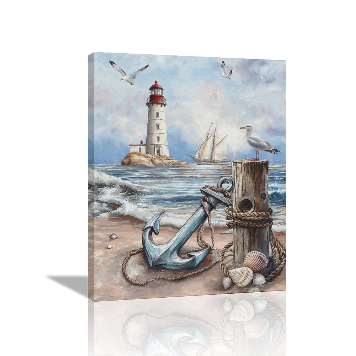 Nautical Wall Art Beach Lighthouse Anchor Pictures Wall Decor Coastal Canvas Prints Framed Paintings Artwork For Bathroom Kitchen Bedroom Dinning Room Living Room Office 16"x20"