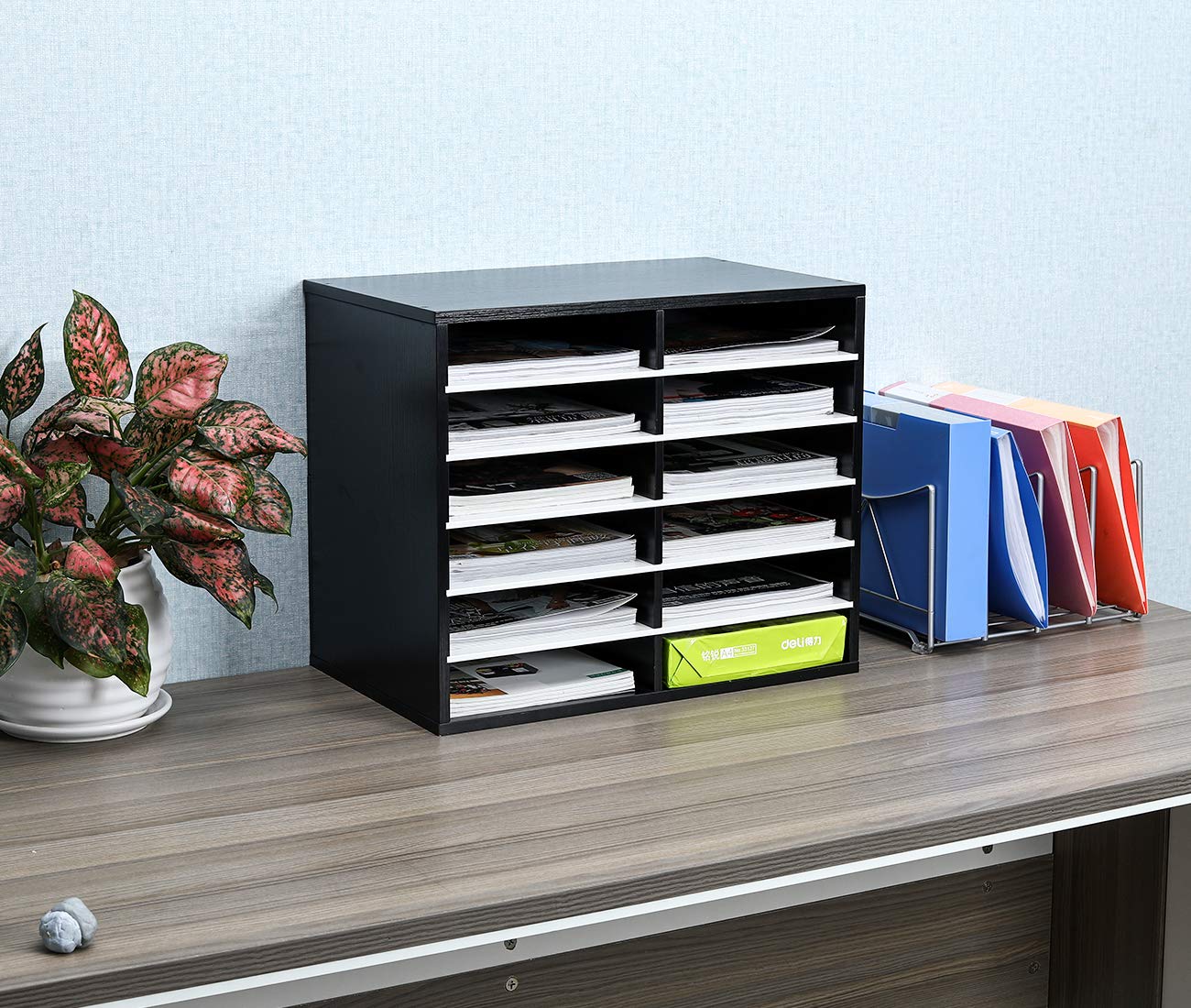 EasyPAG 12 Compartments Wooden Literature Organizer with Adjustable Shelves, 6000 Sheets Capacity Paper Organizer, Classroom Mailbox and Mail Sorter for Teachers and Office, Black/White