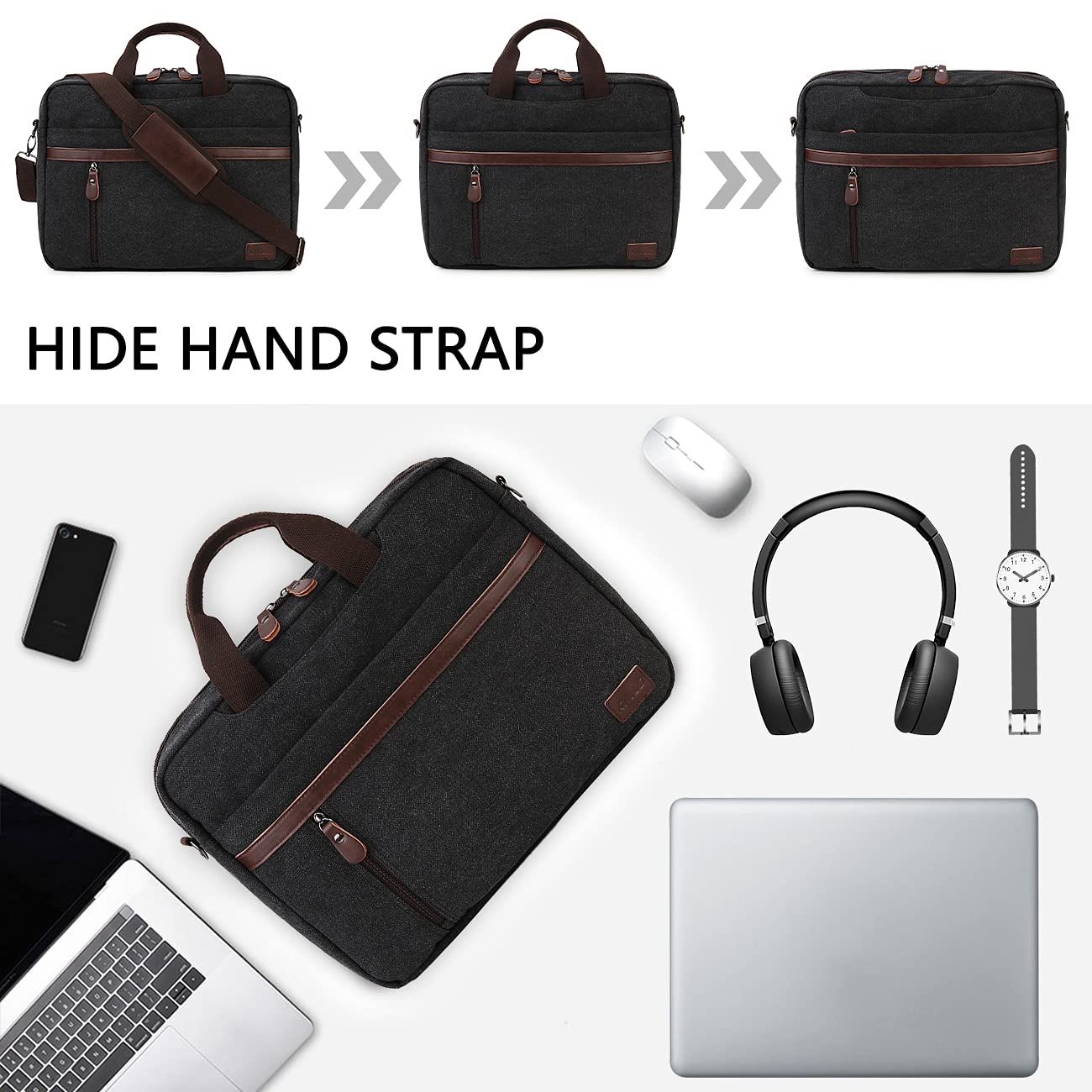 RAVUO Laptop Bag for Men, Water Resistant 17.3 Inch Laptop Messenger Bag Slim Canvas Briefcase for Work Business Black