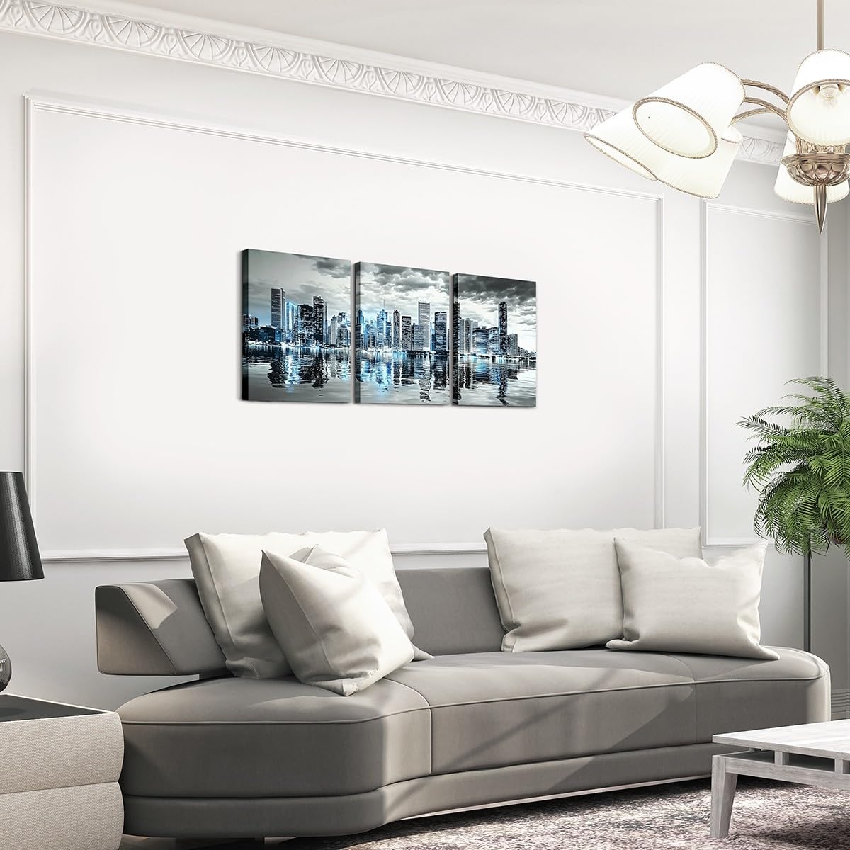jejeloiu Skyscraper Canvas Wall Art for Living Room Bedroom 12"x16"x3pcs Modren City Picture Wall Decor for Bathroom Night Scene Office Decorations Artwork Posters Painting Blue Grey