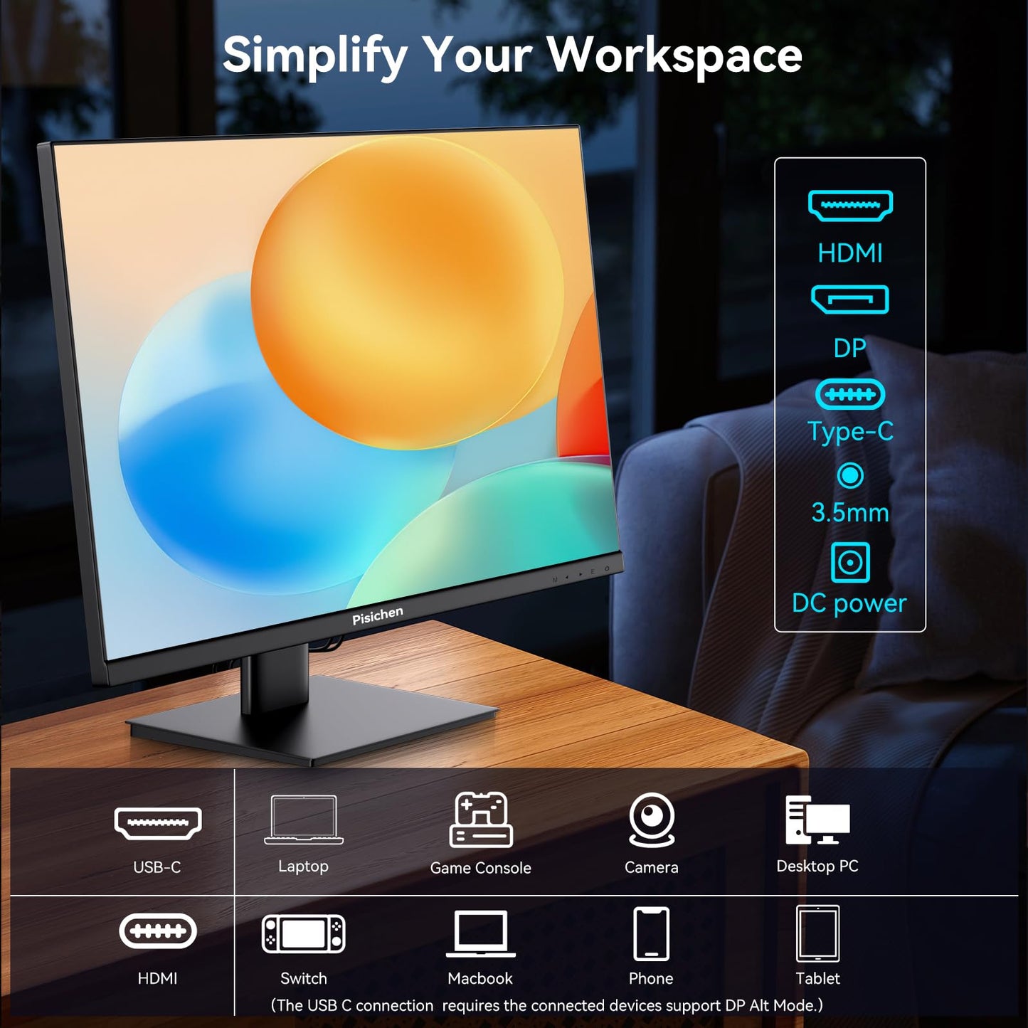 Pisichen Touchscreen Monitor 2K 144Hz 23.8 Inch QHD 2560x1440P Computer Monitor USBC HDMI DP Ports Eye Care Frameless VESA Mount