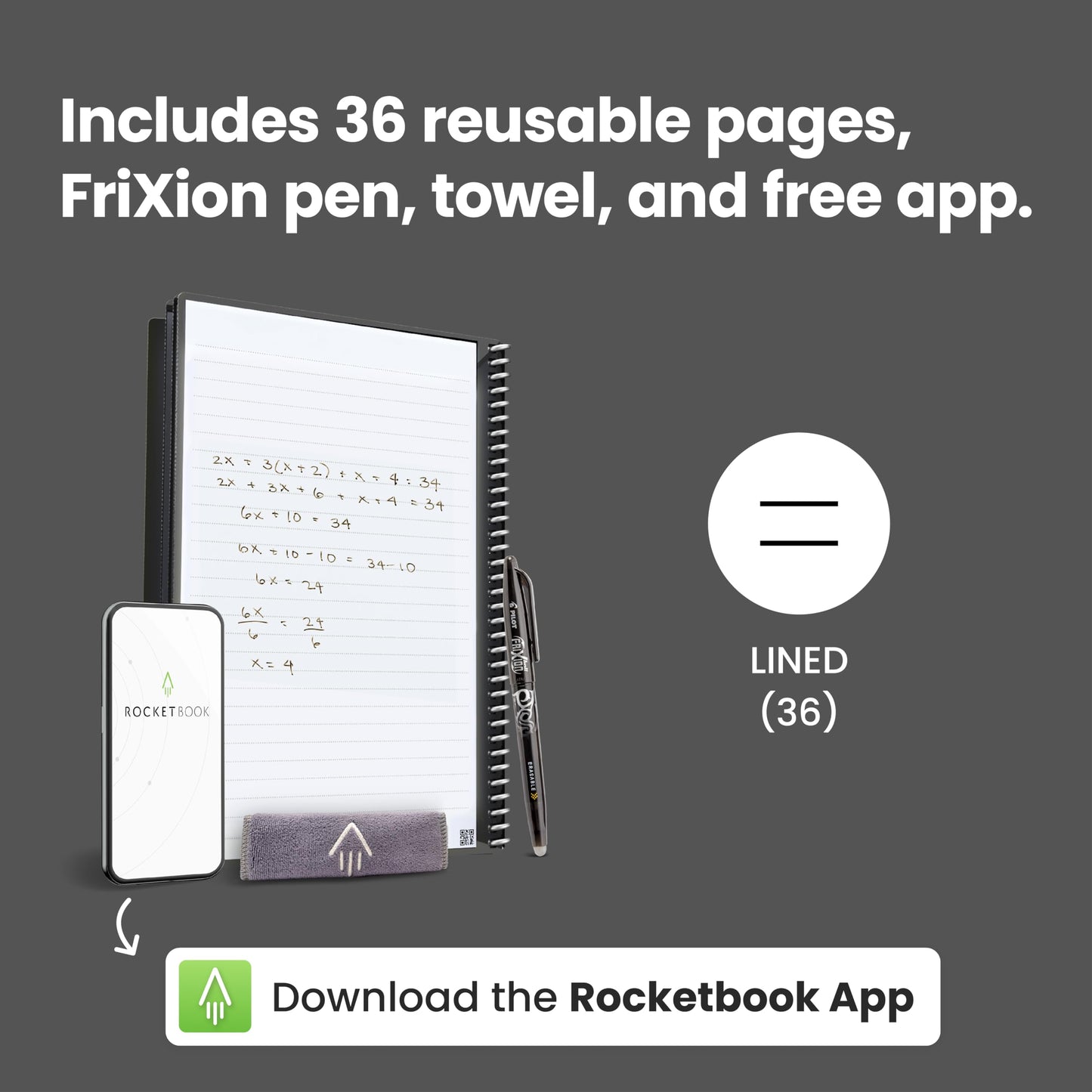 Rocketbook Core Reusable Spiral Notebook, Executive Size 6x8.8, Black - Lined Pages, App-Connected, Erasable, Durable Cover, Ideal for School, Work, and Creative Projects