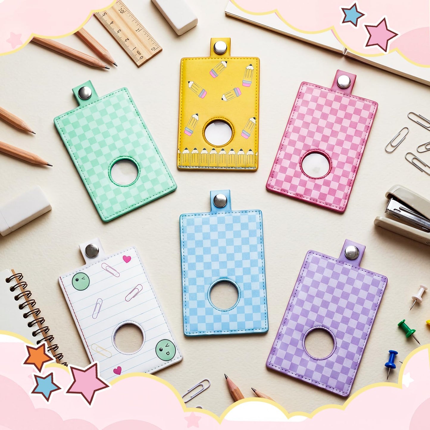 Gueevin 6 Pcs Teacher Alarm Badge Holder 4.2x2.8 Inch Checkerboard Alarm ID Badge Holder for Teachers Educator Staff School Teacher Appreciation Gift