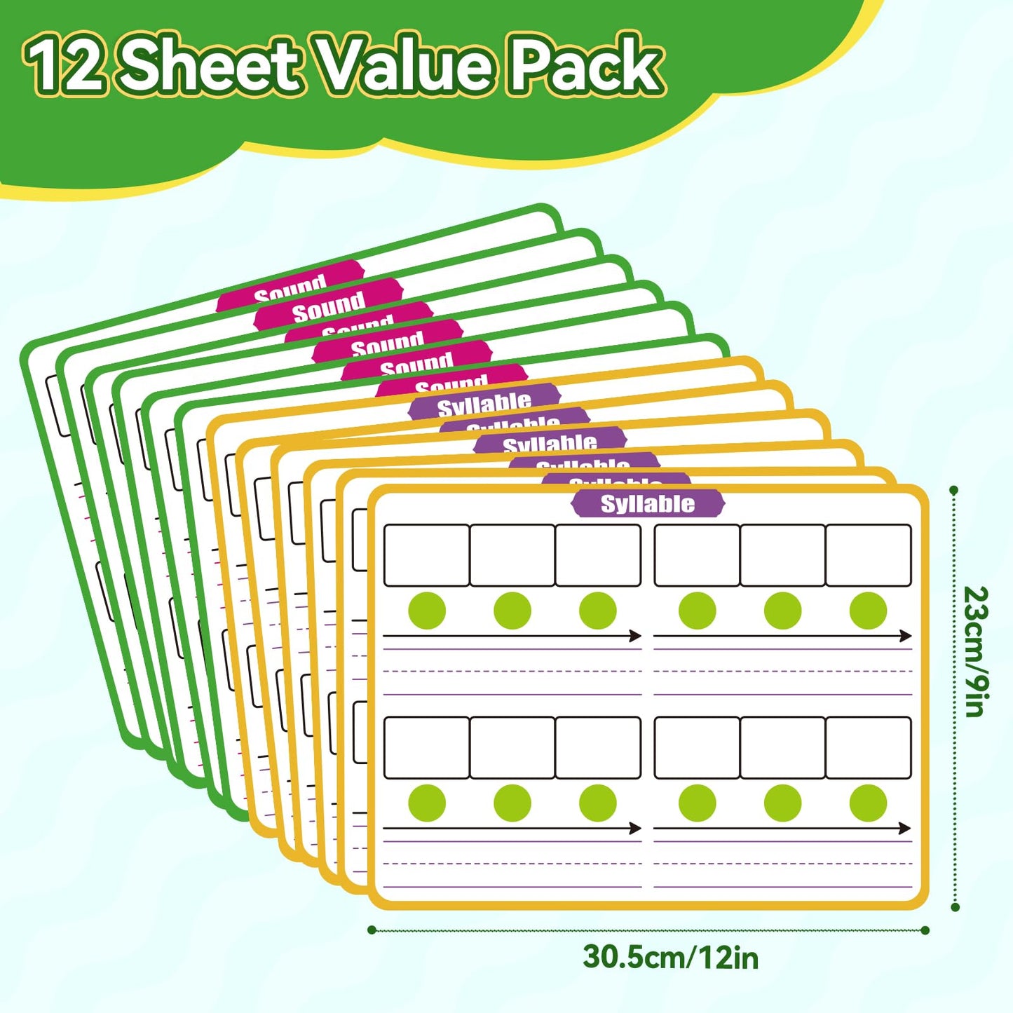 PraxiKidy 12 Pack Phonemic Awareness Dry Erase Flash Card,Phonics Games Science Reading Manipulative Speech Therapy Material Elkonin Box 1st Grade Classroom Must Haves Teacher Homeschool Supplies