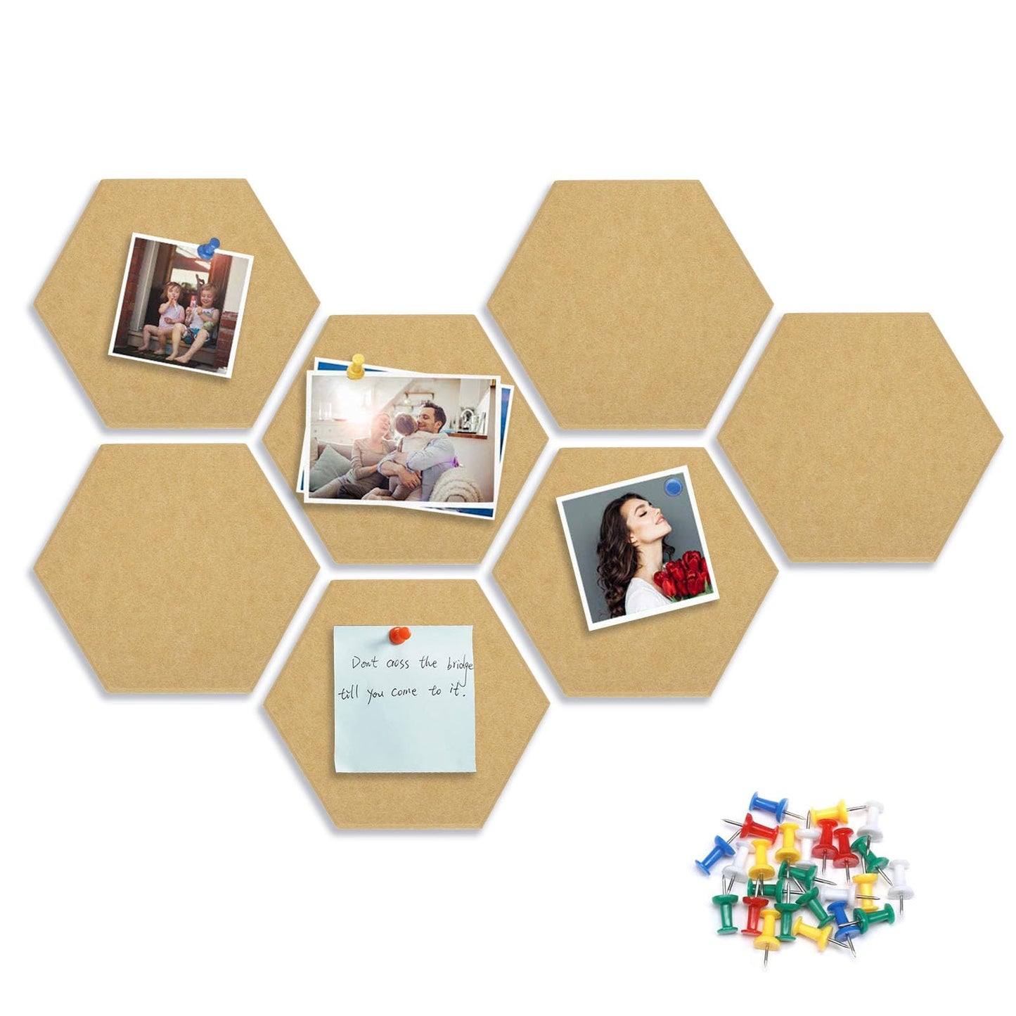 8 Packs Camel Hexagon Felt Pin Board, 12" Bulletin Board with 30 Push Pins, Felt Board for Home Kitchen Office Decor, Self-Adhesive Corkboard Tiles for Walls School Message Photos Memos