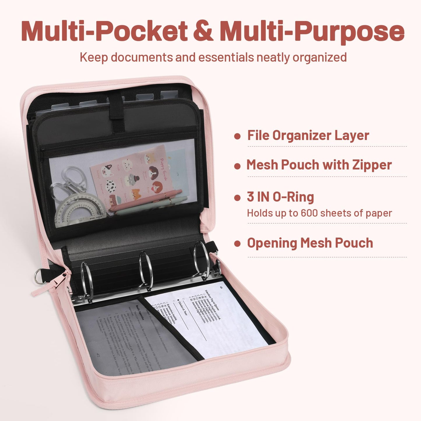 SUNEE Zipper Binder 3 Ring, 3 Inch O-Ring with Handle and Shoulder Strap, 600-Sheet Capacity, Multi-Pockets for Middle School Organizer Binder with Zipper, Pink Lotus