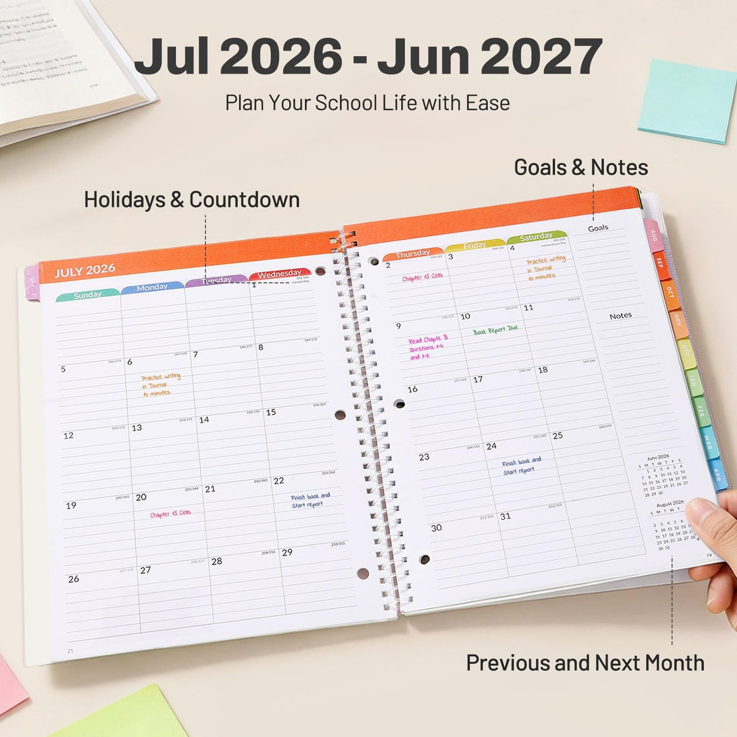 Student Planner 2026-2027, SUNEE Academic Weekly & Monthly Plan Book, Jul. 2026 - Jun. 2027, 8.5"×11" School Planner, Lesson Plan Book with Week's Goals, Bookmark, Monthly Tabs, 3-Hole Punched, Beige