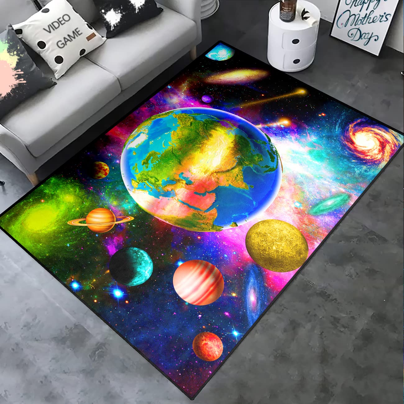 Solar System Rug - Galaxy Area Rugs for Boys Bedroom Kids Play Rug Colorful Universe Planet Print Carpet Outer Space Floor Mat Kids Rugs for Living Room,4'×5'