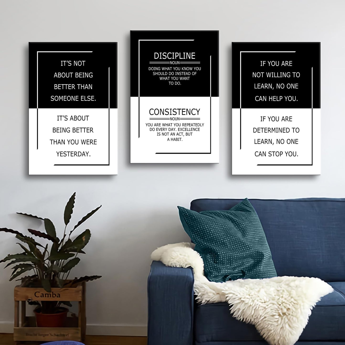 YSPCSUN Inspirational Office Decor for Men 3 Panel Framed Wall Art Success Mindset Quote Painting Large Modern Typography Canvas Pictures for Study Room Gym 48x24 Inch