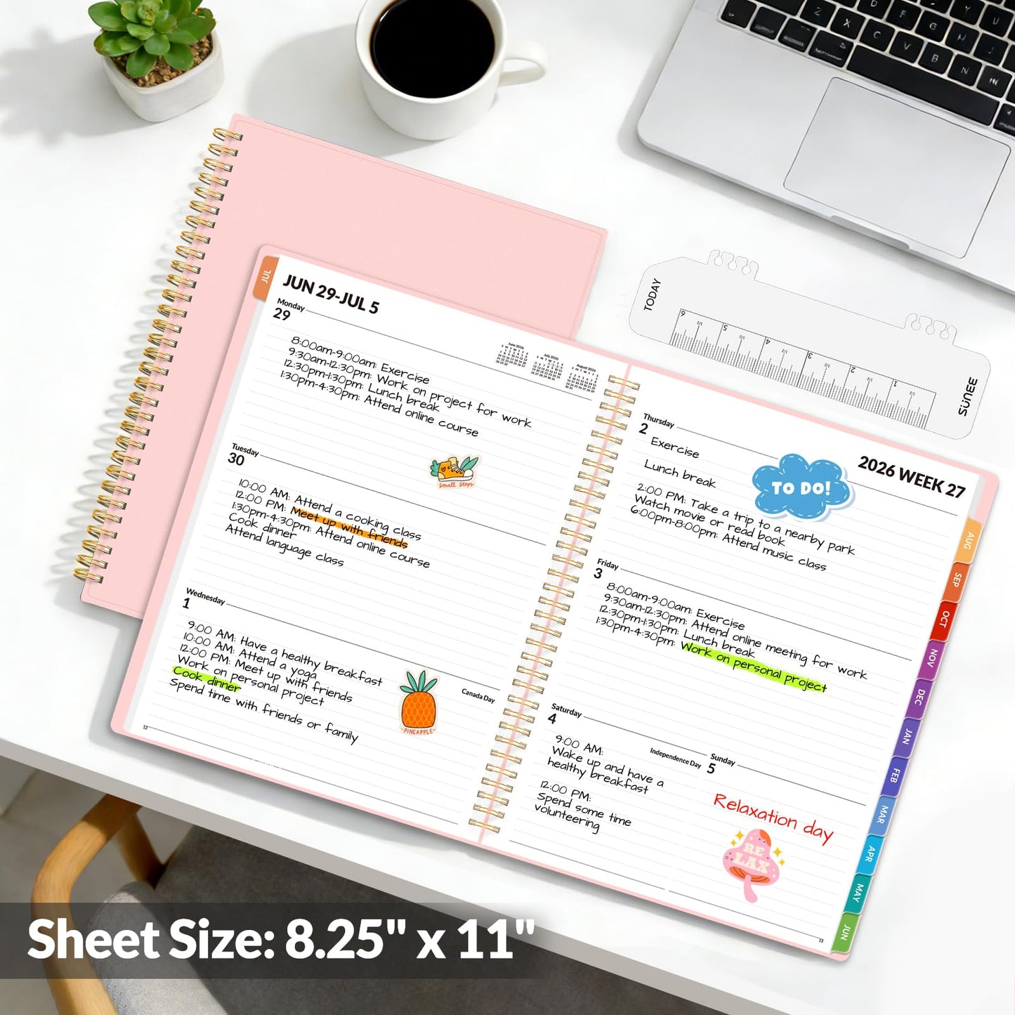 SUNEE Academic Planner 2026-2027 – Weekly & Monthly Planner, July 2026 to June 2027, 8.5"x11", Thick Paper, Tabs, Pockets, Bookmark, Spiral-Bound, Student Teacher Organizer, Pink