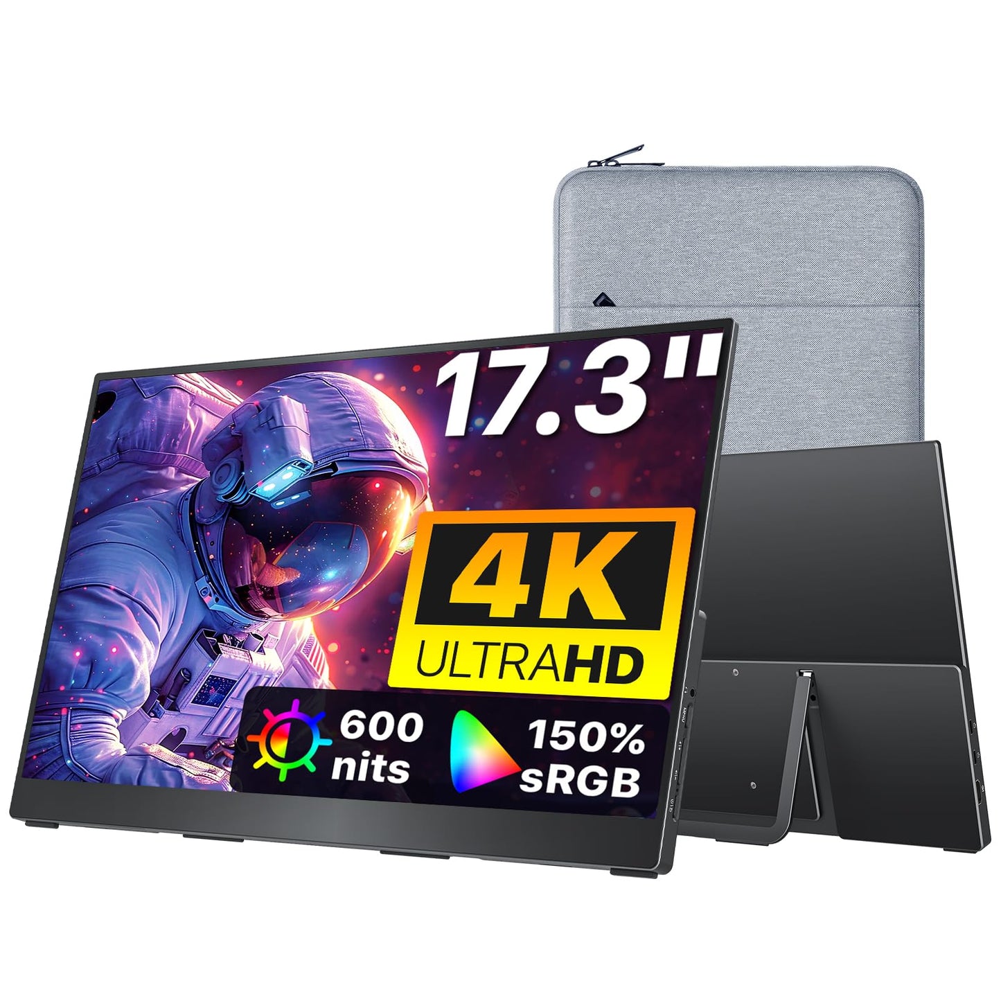 cocopar Portable Monitor 17.3 Inch 4K UHD 60Hz 150% sRGB Travel Monitor with Speaker HDMI USB-C Second Screen for Laptop MacBook Surface PC Xbox PS4/5, VESA Mountable, with Kickstand