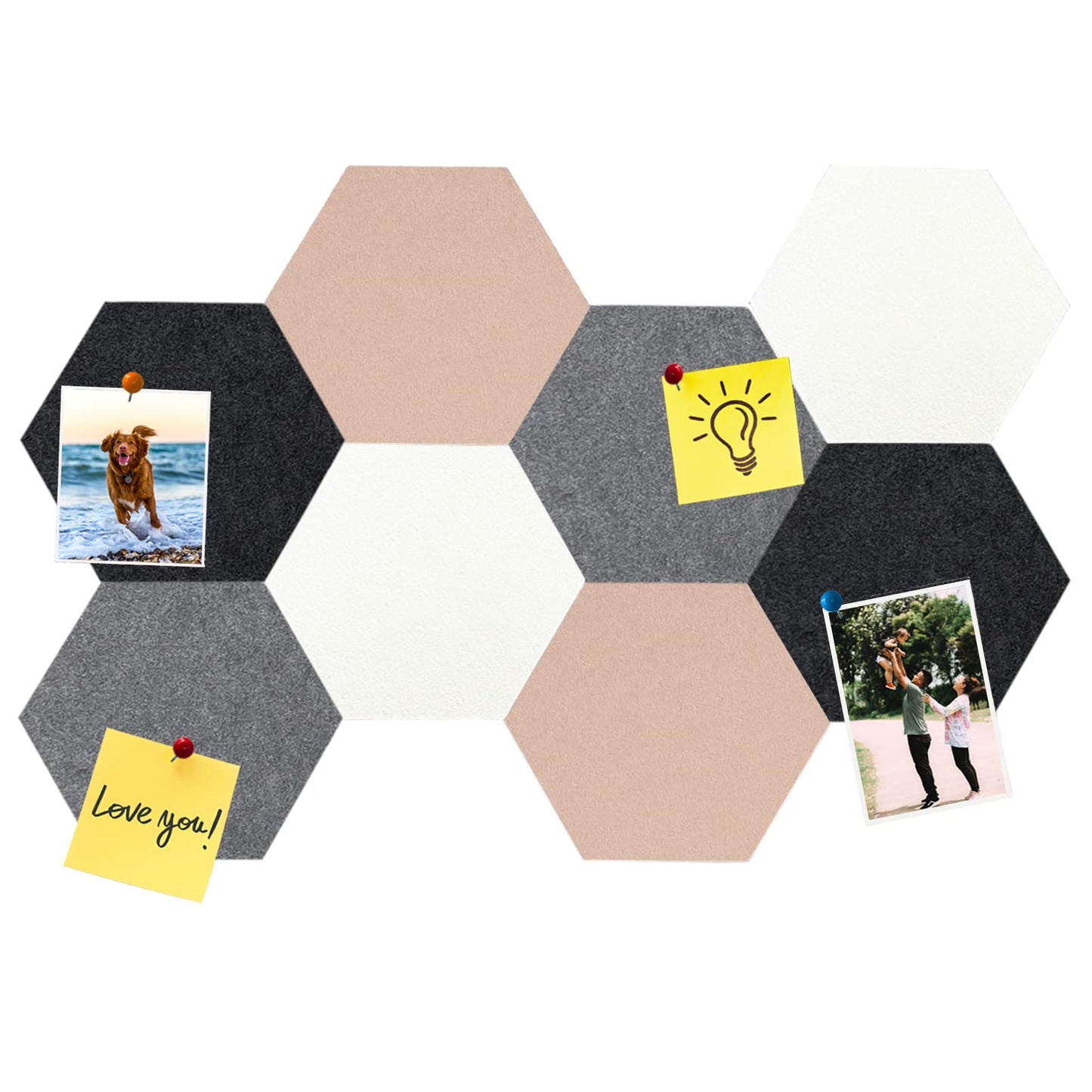 HULAVO 8Pcs Hexagon Felt Cork Board Tiles, Self Adhesive DIY Bulletin Board Pin Board for Office School Home Wall Decor Stickers Memos Photos Display (Camel & Grey)