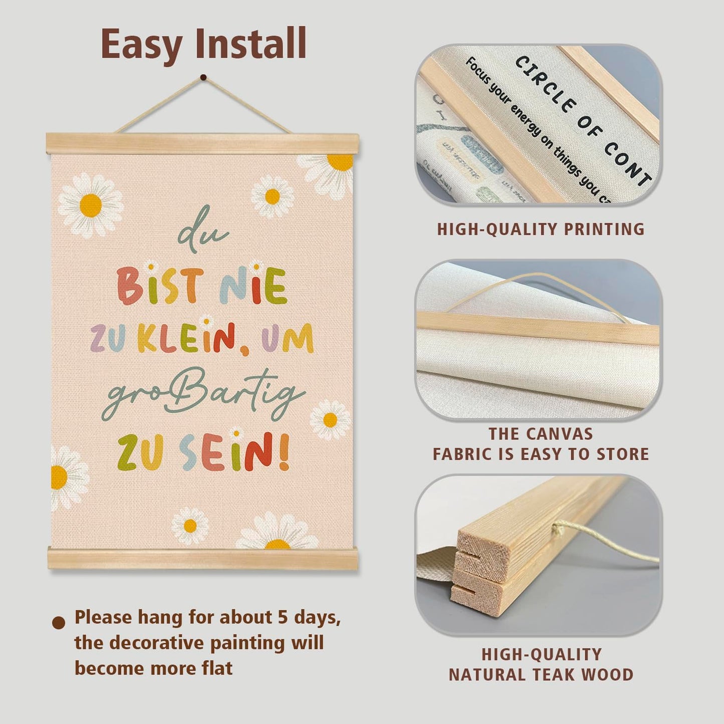 You found a duck Motivational Wall Art,German Positive Quote Linen Wall Hanging Poster,Cute Daisy Flowers Poster Decor for Nursery, Kids’ Room, Playroom, or Classroom (LYK08)