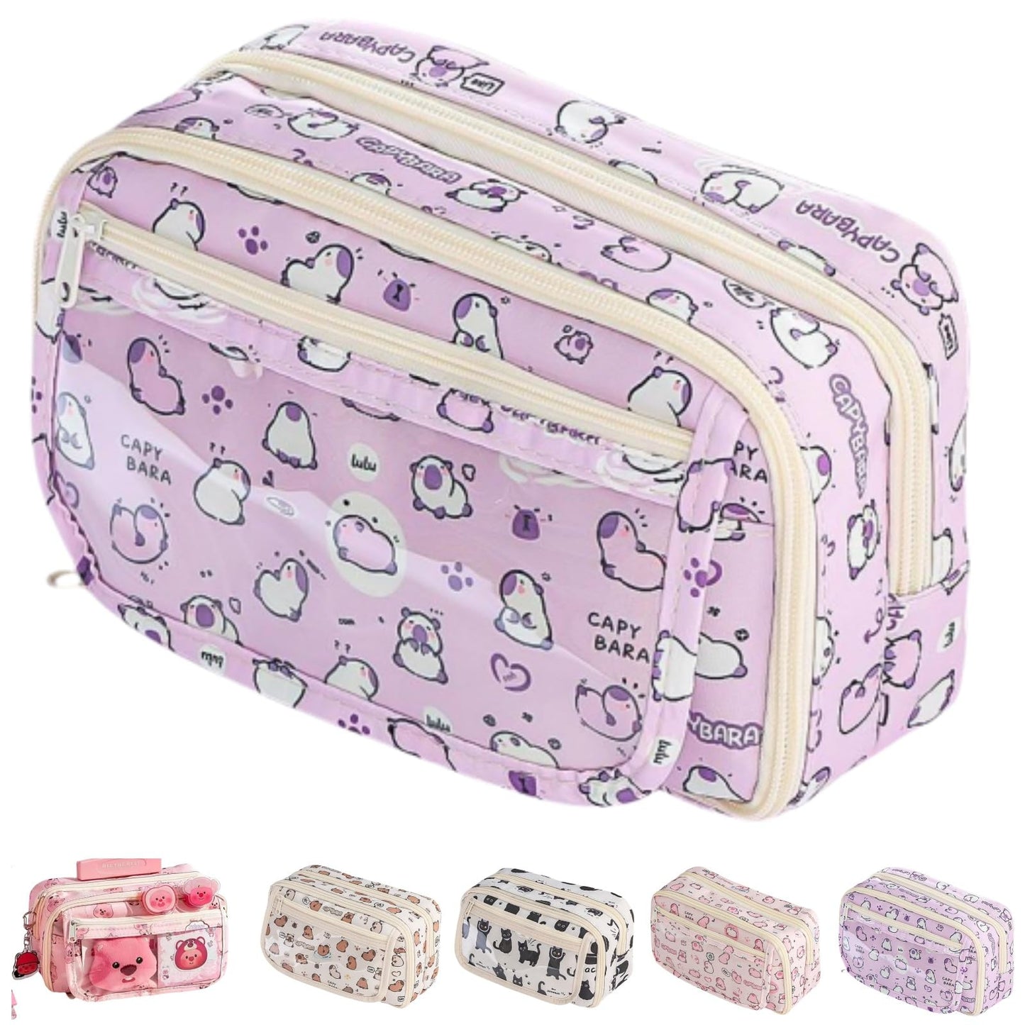 VTYFRY Cute Kawaii Pencil Case Pouch Cartoon Pen Box Holder Organizer for Office Workspace Supplies Desk Accessories Travel Essentials Aesthetic Trendy Cool Stuff Gift Large Capacity (Purple Kapibala)