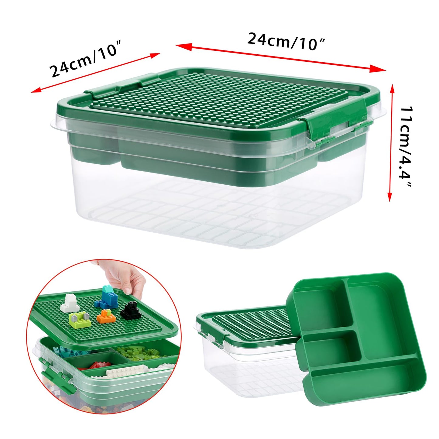 OGANAZI Toy Organizer with Bricks Baseplate Lid for Building Blocks, Bricks Building Set Organization Bin with Compartments Tray, Stackable Storage Box Building Block Chest Case (Green)