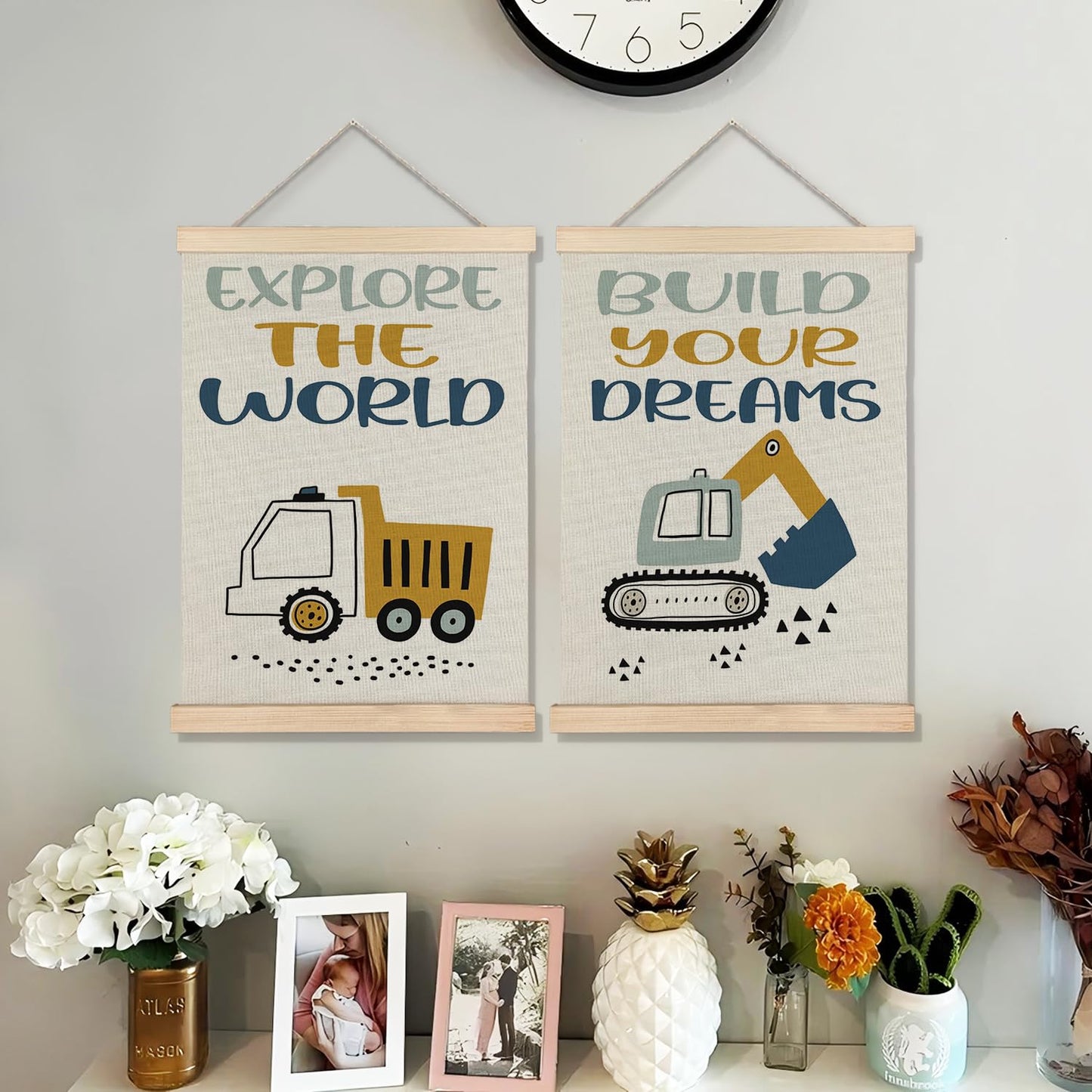 BearCake Construction Decor for Boys Room, Cartoon Excavator Truck Wall Art Poster Hanger Frame, Construction Canvas Prints Framed Wall Decor for Toddler Boy Room Playroom Nursery, 12x16 Inch Set of 2