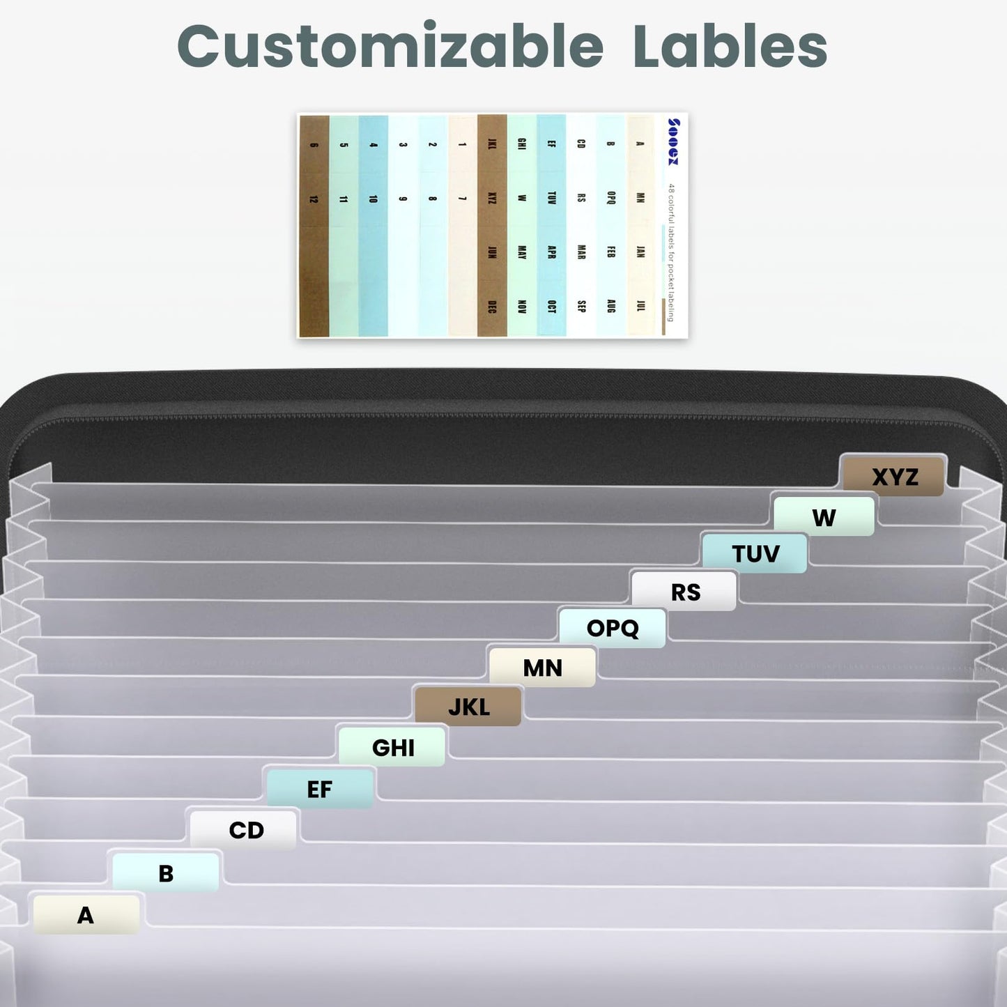 Sooez Heavy Duty Accordion File Organizer with Hidden Handle, Portable 12 Pockets Expanding File Folders, Cloth Monthly Bills Receipt Organizer for Letter/A4, School Classroom Home & Office Supplies