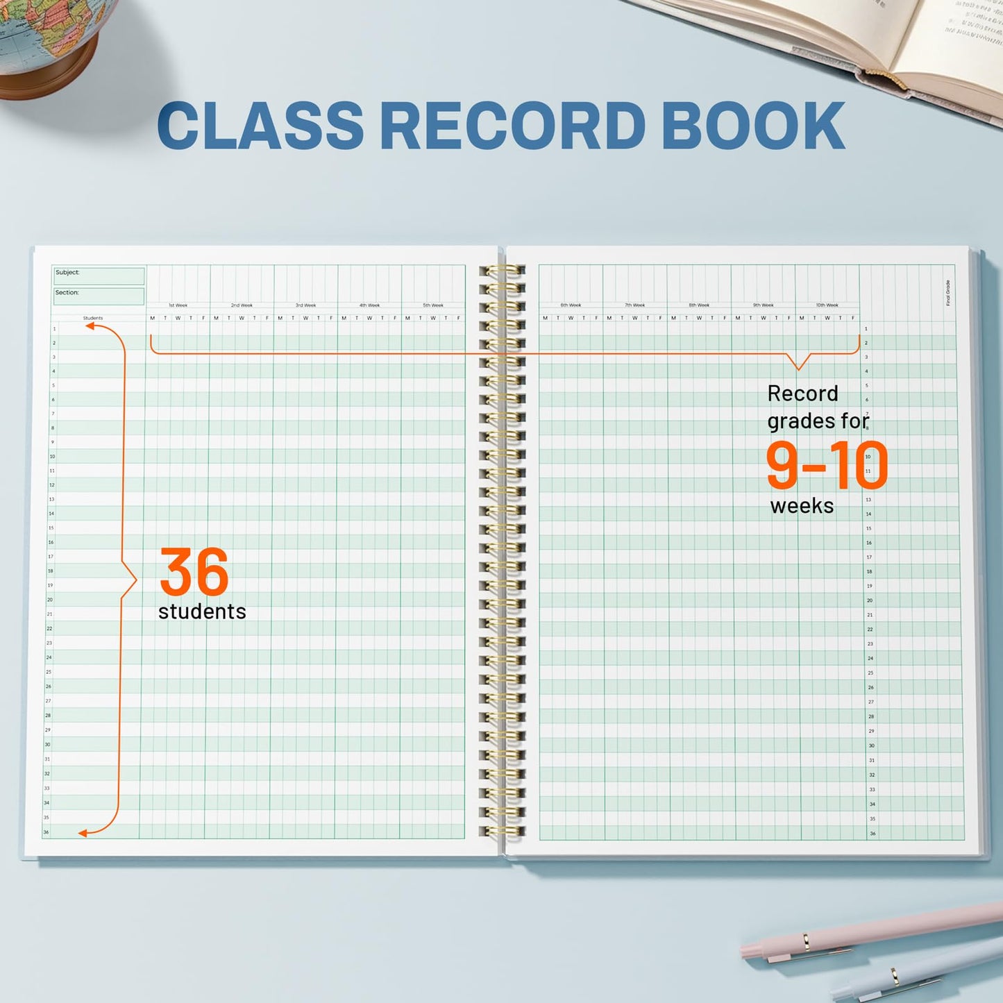 SUNEE Teacher Class Record Book for 9-10 weeks, 36 Names, 8.5x11 Inch, 104 Pages (52 Sheets), 100gsm Thick Paper, Larger Grade Recording up to 36 Students with Water-Resistant Plastic Cover, Blue