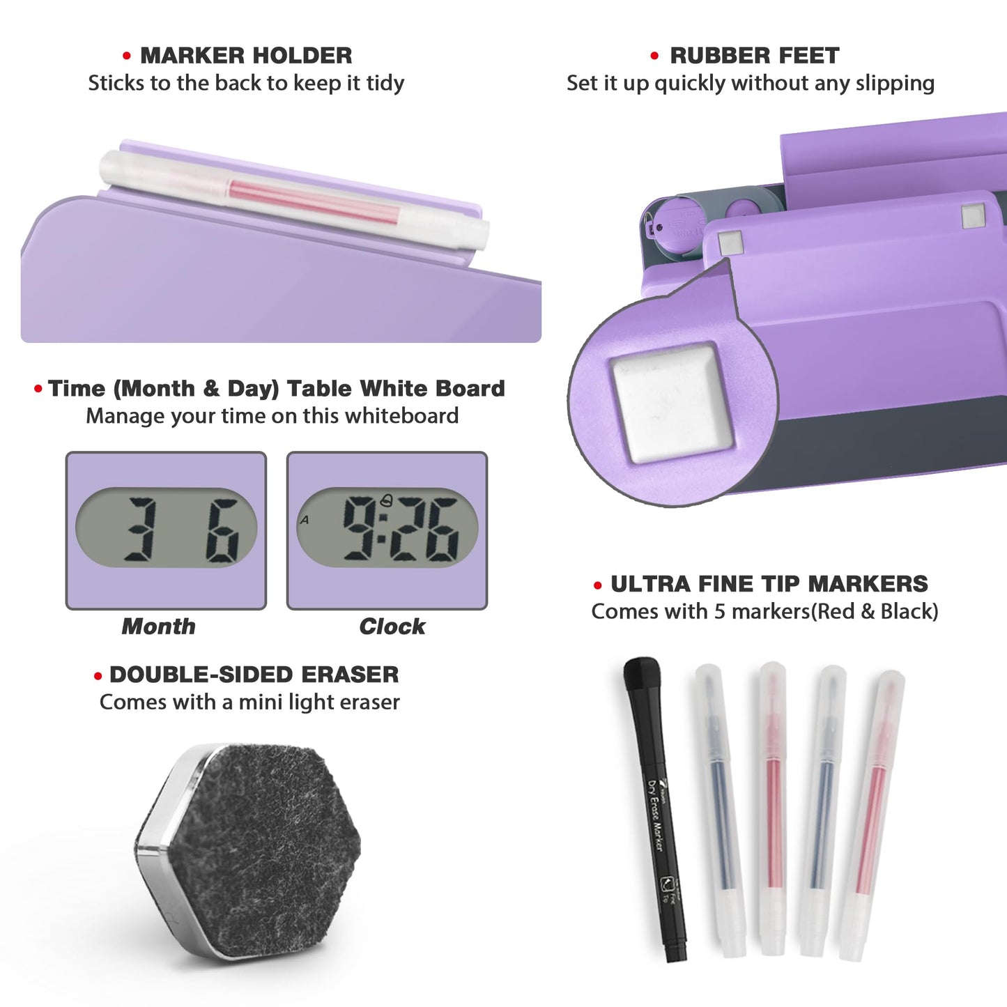 Small Glass Desk Whiteboard Dry-Erase Board with Clock, Small Travel Clock Keychain with Desk Notepad, Time Table Whiteboard for Desk Digital LED Light Display, 8x6 in with Accessories, Purple