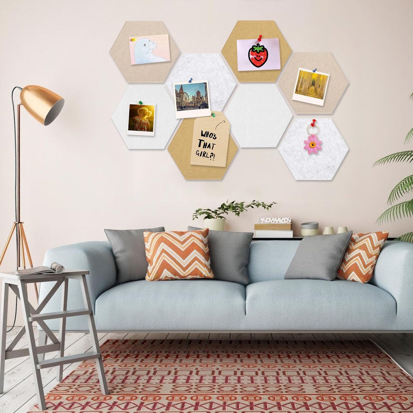 8 Packs White Grey Camel Hexagon Felt Pin Board, 12" Bulletin Board with 30 Push Pins, Felt Board for Home Kitchen Office Decor, Self-Adhesive Corkboard Tiles for Walls Message Photos Memos Display