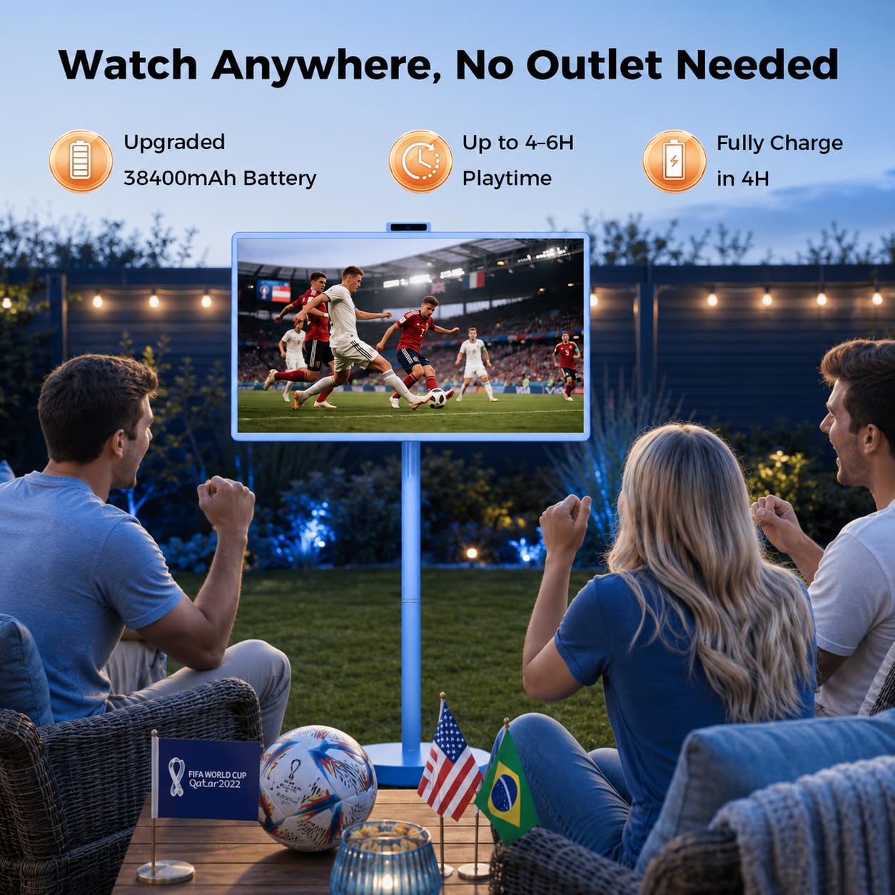 32 Inch Portable Smart TV | 1080P Touch Screen | Android 15 8G+128GB Storage | Movable Monitor on Wheels | 5MP Camera | 38,400 mAh Battery | Voice/Airmouse Remote Control | Versatile Rotatable Display