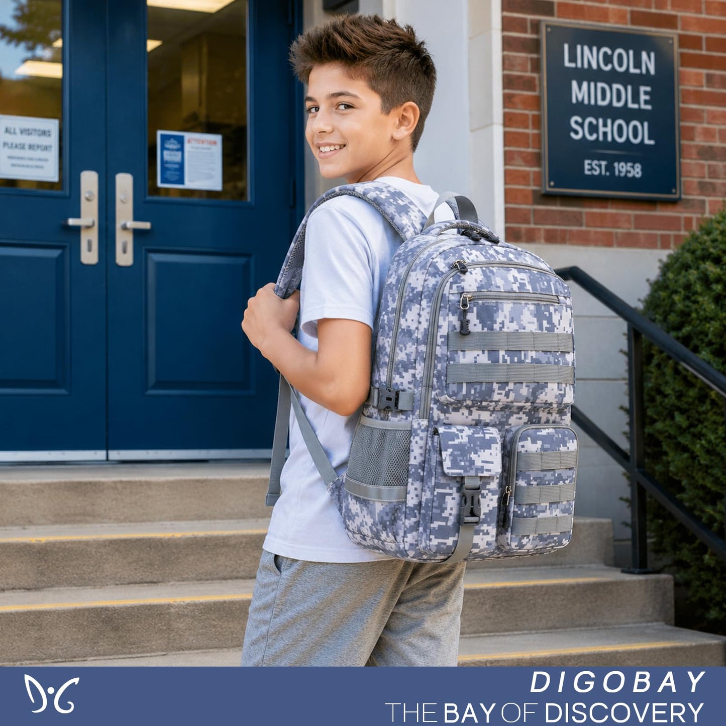 DIGOBAY Camo Backpack for Boys, Tactical Boys Backpack for School, Kids Backpack With Lunch Box Pencil Case USB Charging Port Military Army Book Bags for Boy Teens Kids Elementary Middle High School